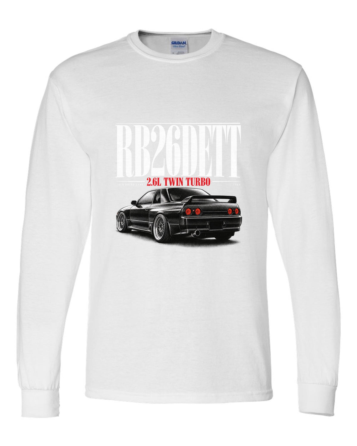 Editorial headline print of a Nissan Skyline GT-R R32 BNR32 with RB26DETT text white long sleeve front view with the design