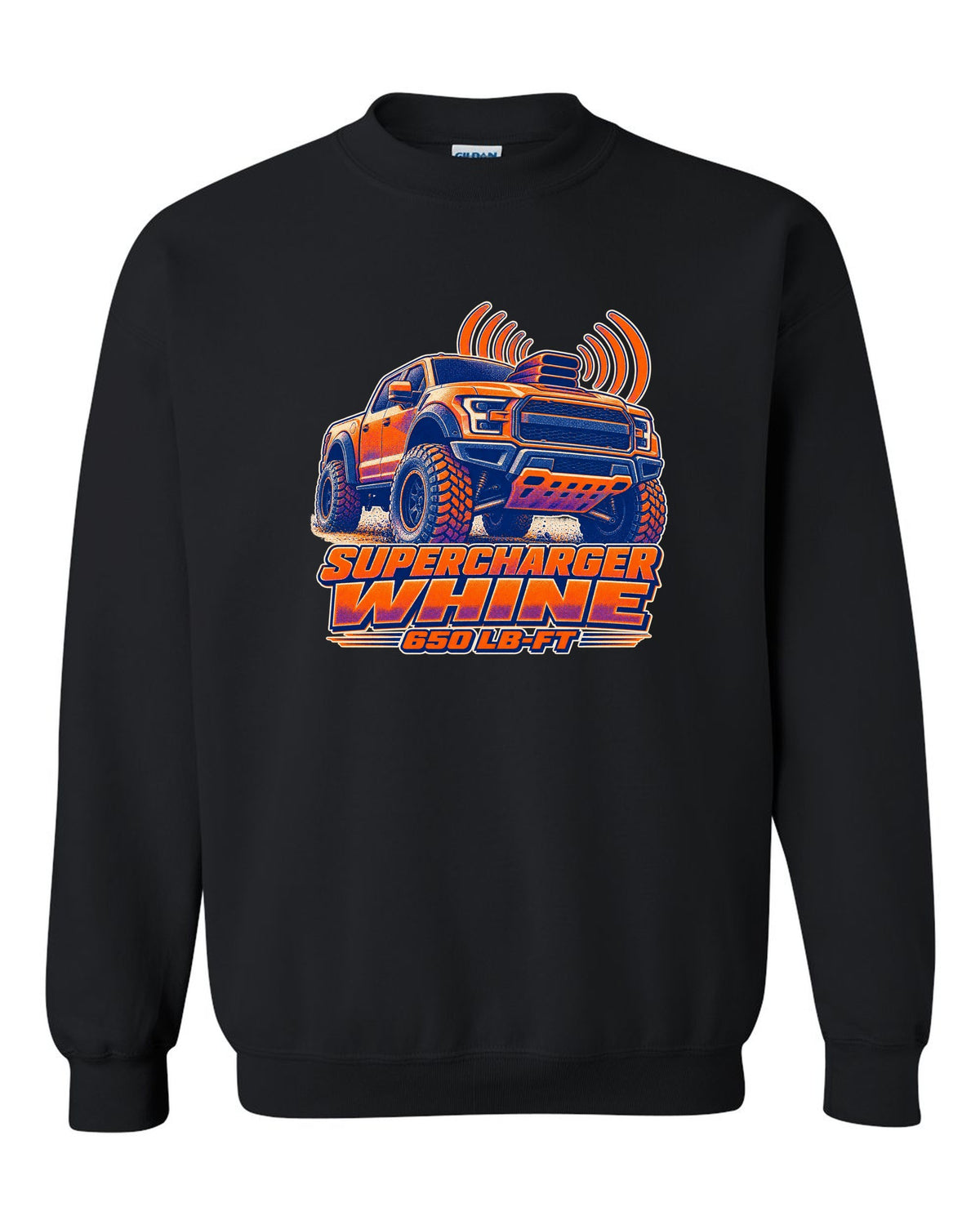 Halftone risograph print of a Ram 1500 TRX hood scoop with supercharger whine text black crewneck front view with the design