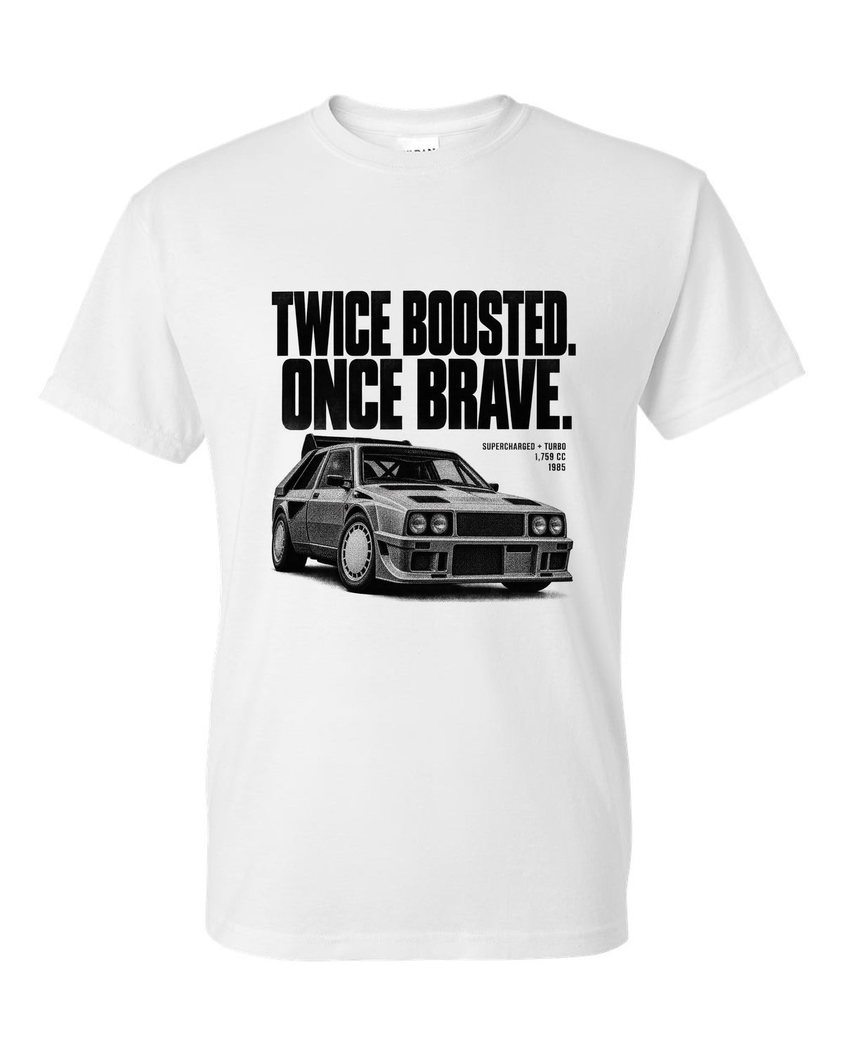 Halftone print of a Lancia Delta S4 with supercharged and turbo lettering white t-shirt front view with the design