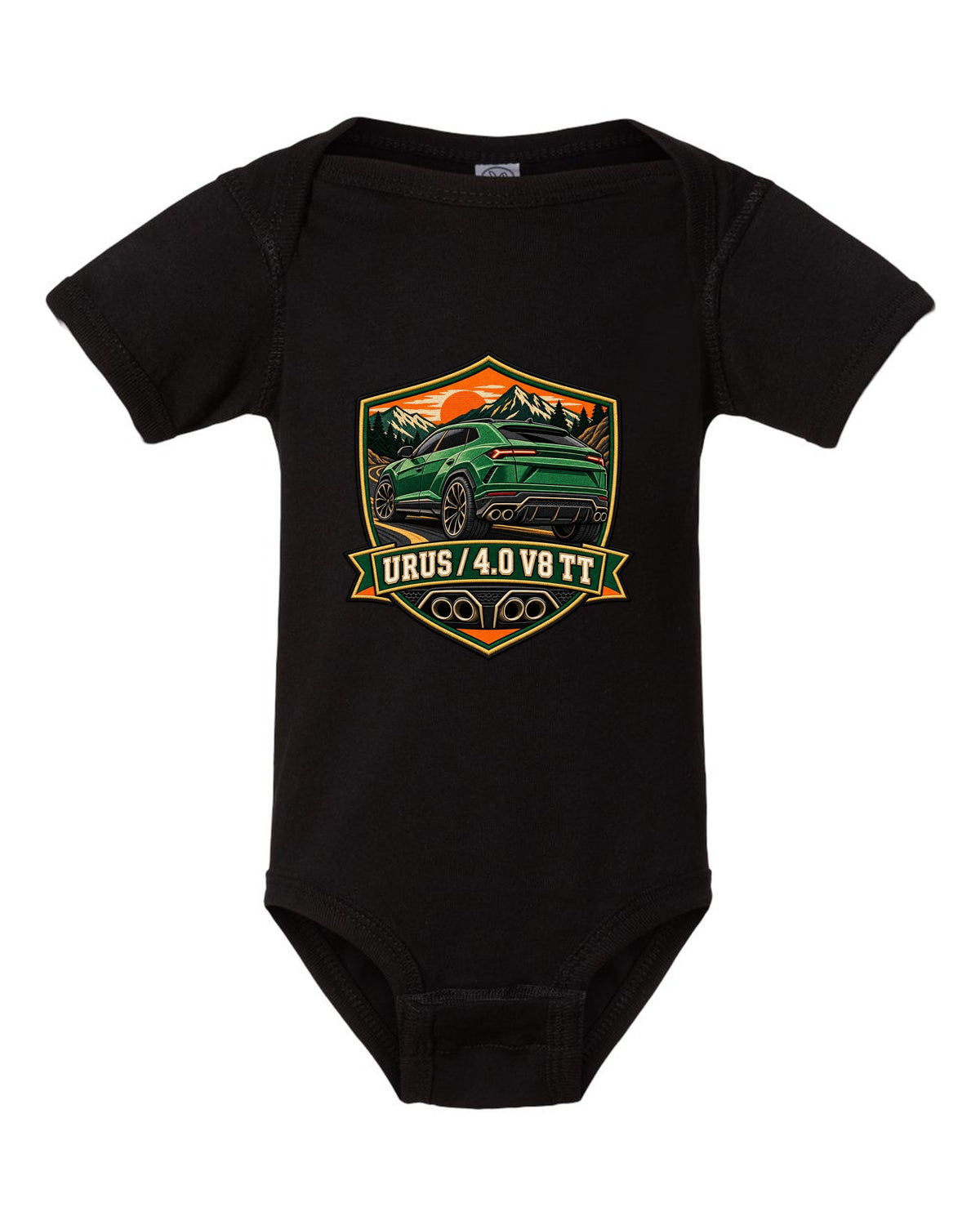 Embroidery-style shield crest of a Lamborghini Urus with 4.0 V8 TT text black baby onesie front view with the design
