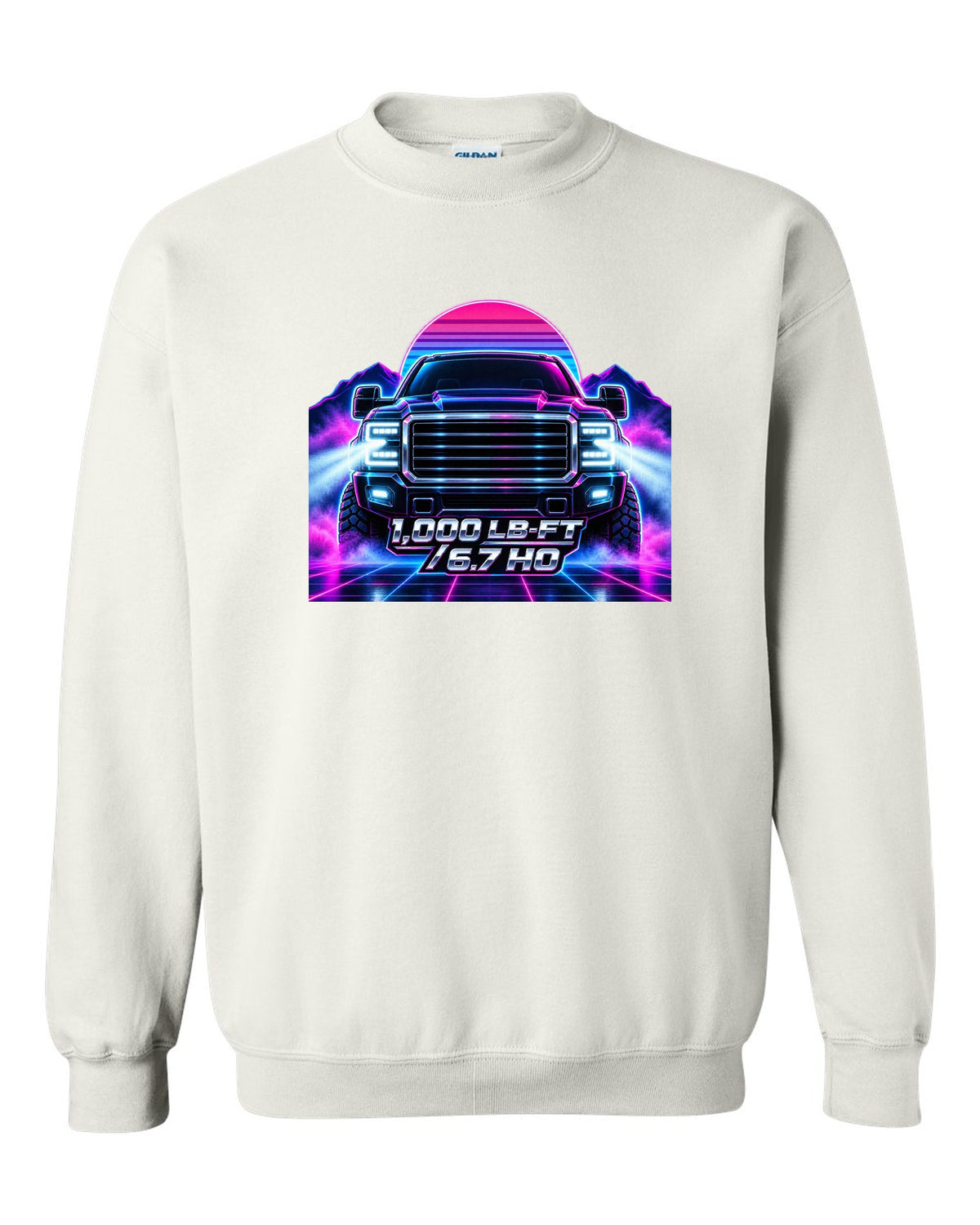 Neon synthwave grid print of a 2019-2024 Ram HD 2500 6.7 Cummins HO white crewneck front view with the design