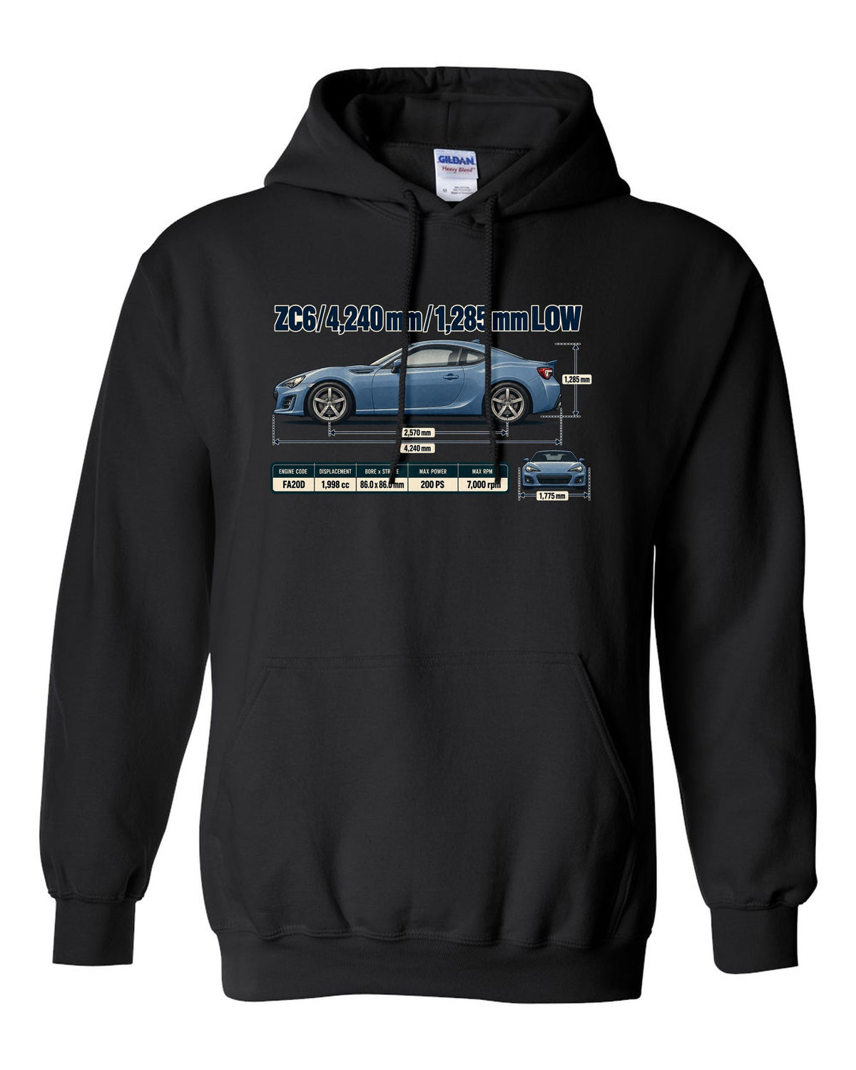 Blueprint-style dimension drawing of a Subaru BRZ ZC6 with length and height callouts black pull over hoodie front view with the design