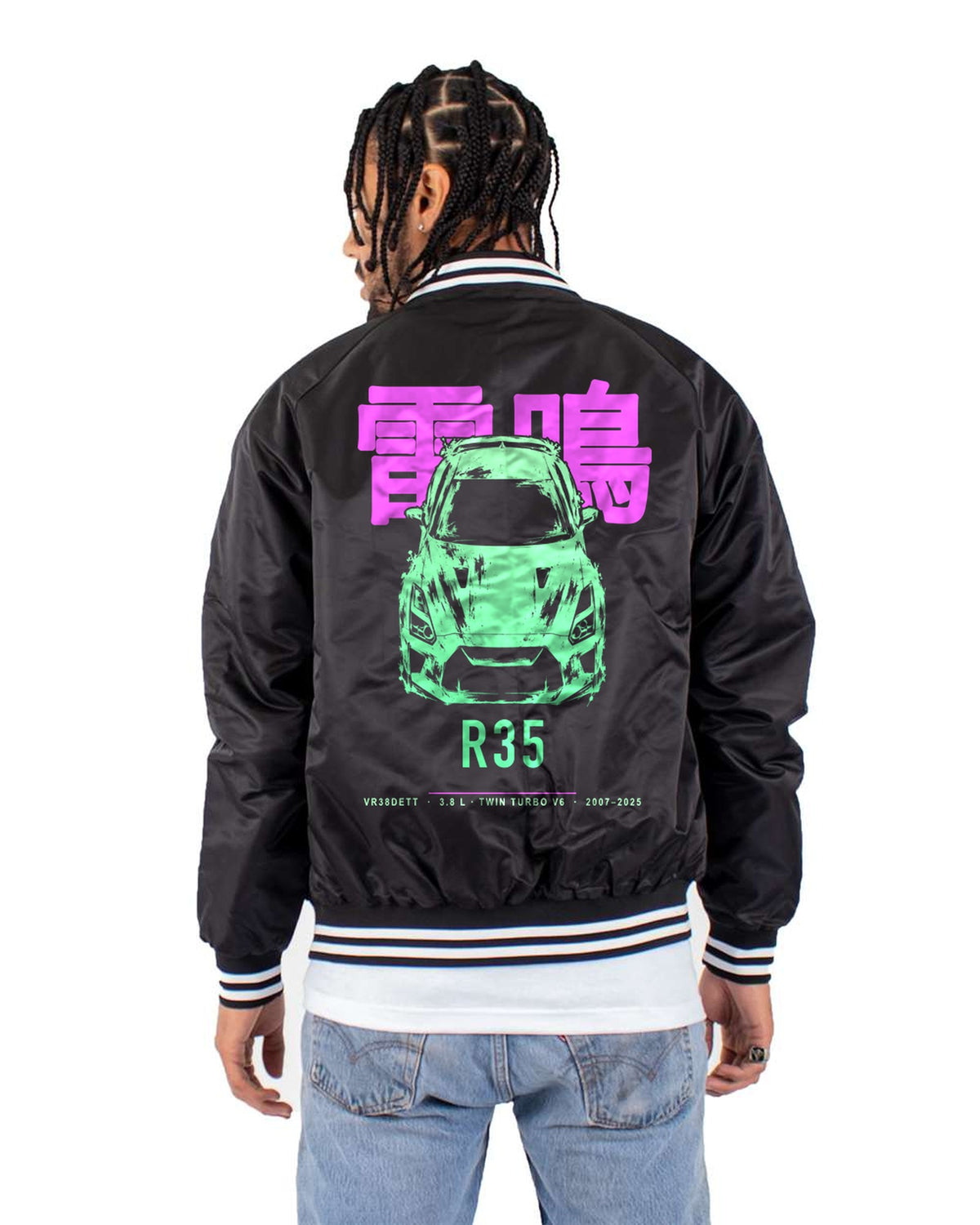 R35 VR38DETT Full-Back Graphic Tee Bomber Jacket Black back