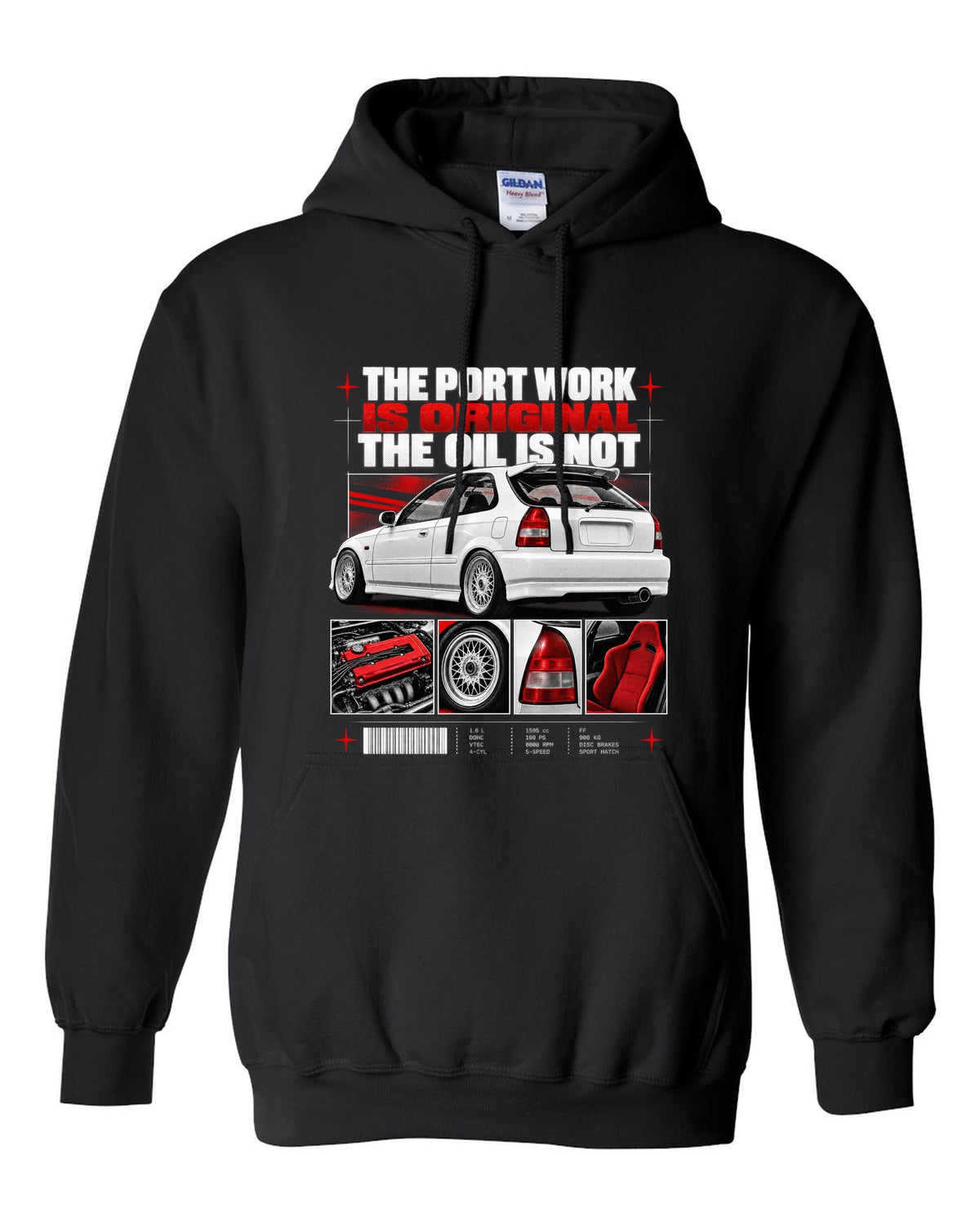 Dossier panel print of a 1998 Honda Civic EK9 chback with port work text black pull over hoodie front view with the design