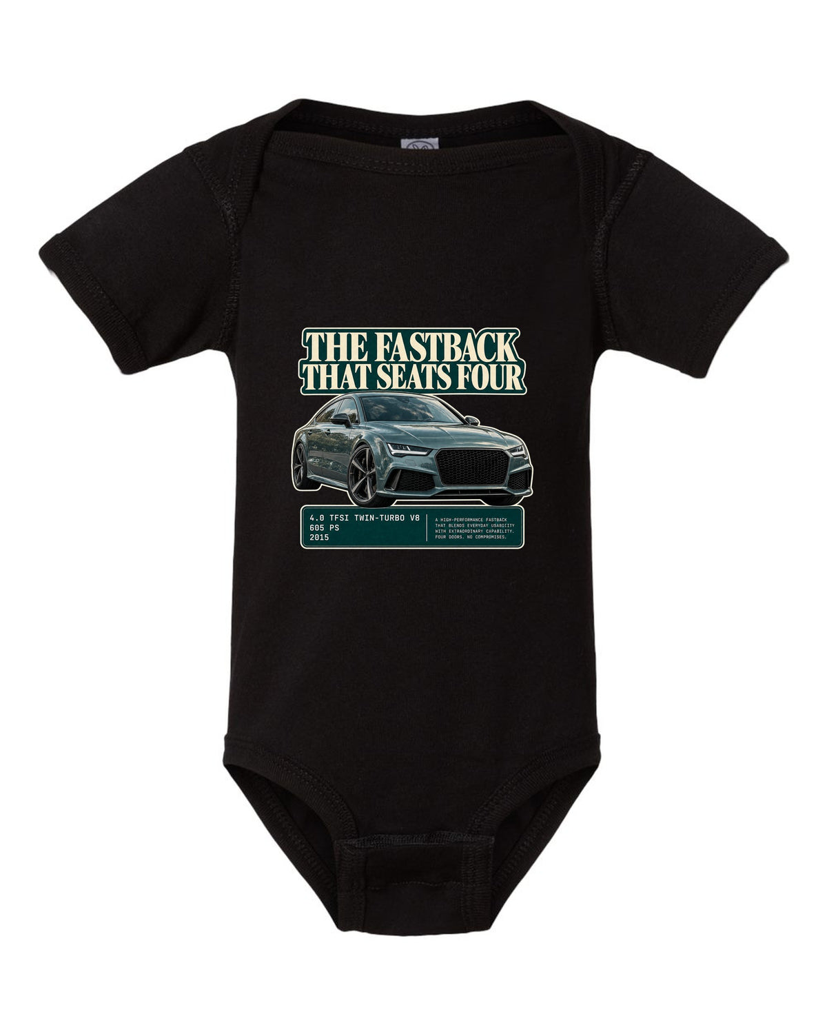 Audi RS7 Sportback C7 editorial headline print on a tee black baby onesie front view with the design