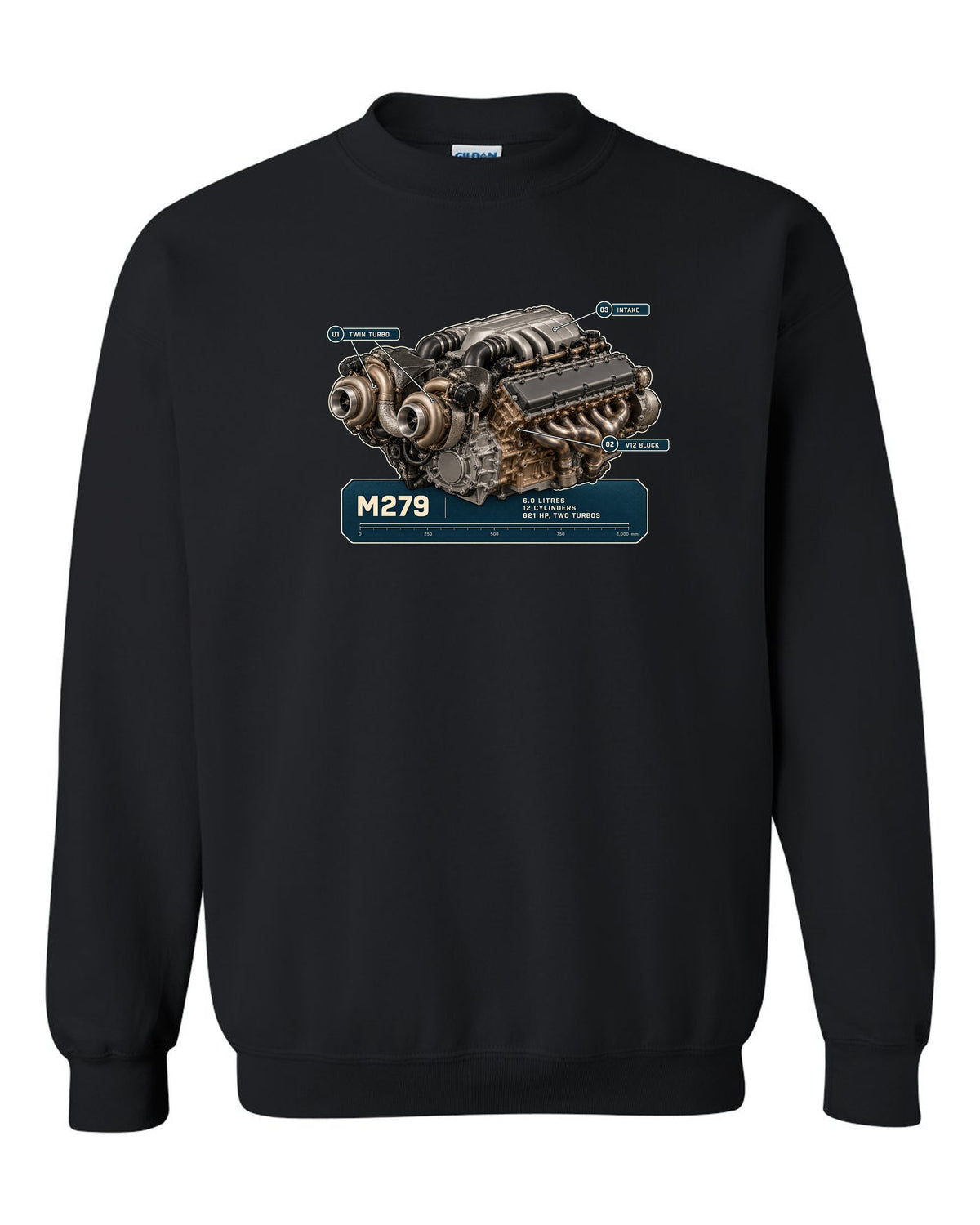 Mercedes-Maybach S680 M279 6.0 litre V12 biturbo engine hero print black crewneck front view with the design