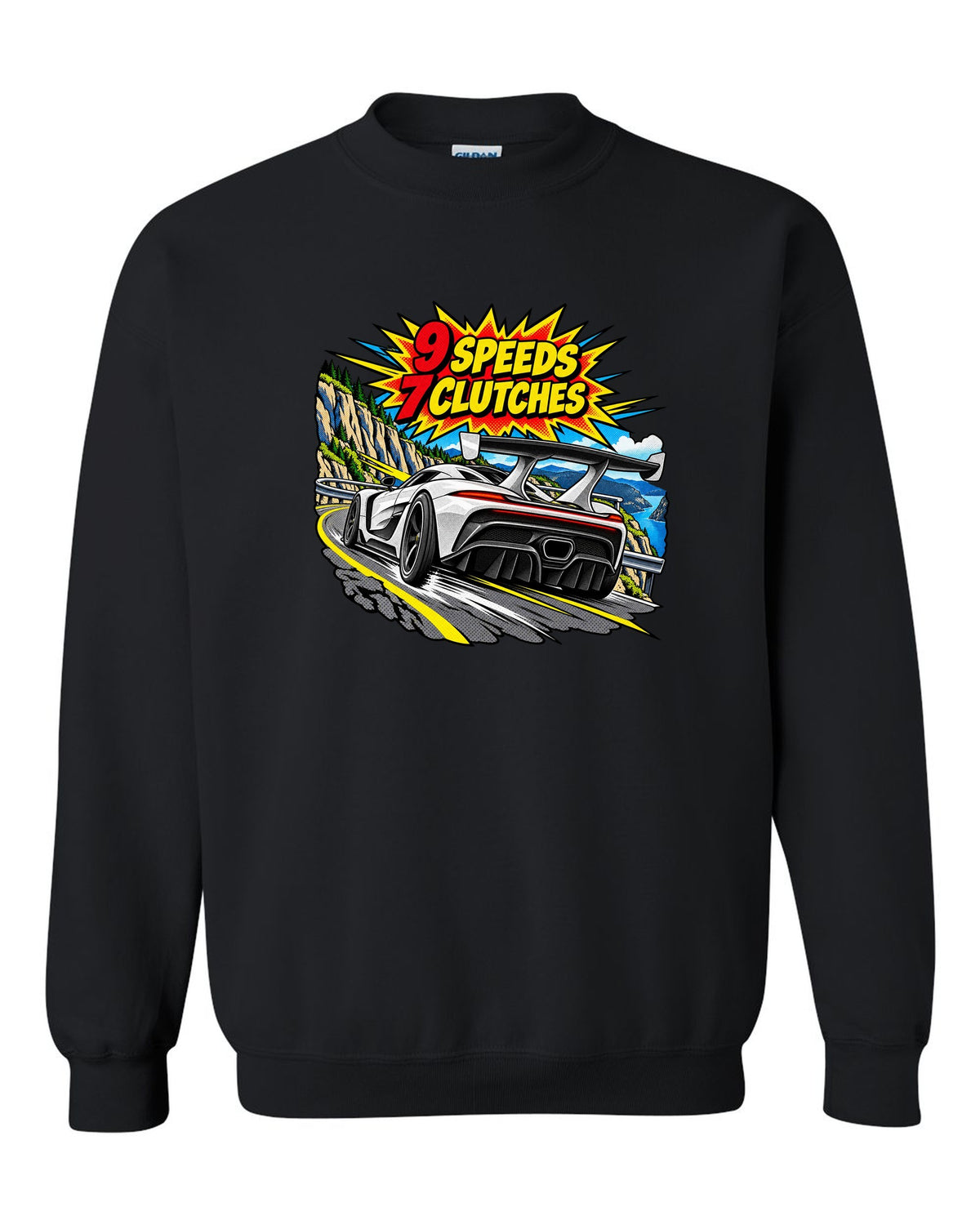Comic halftone pop art print of a Koenigsegg Jesko with 9 speeds and 7 clutches lettering black crewneck front view with the design