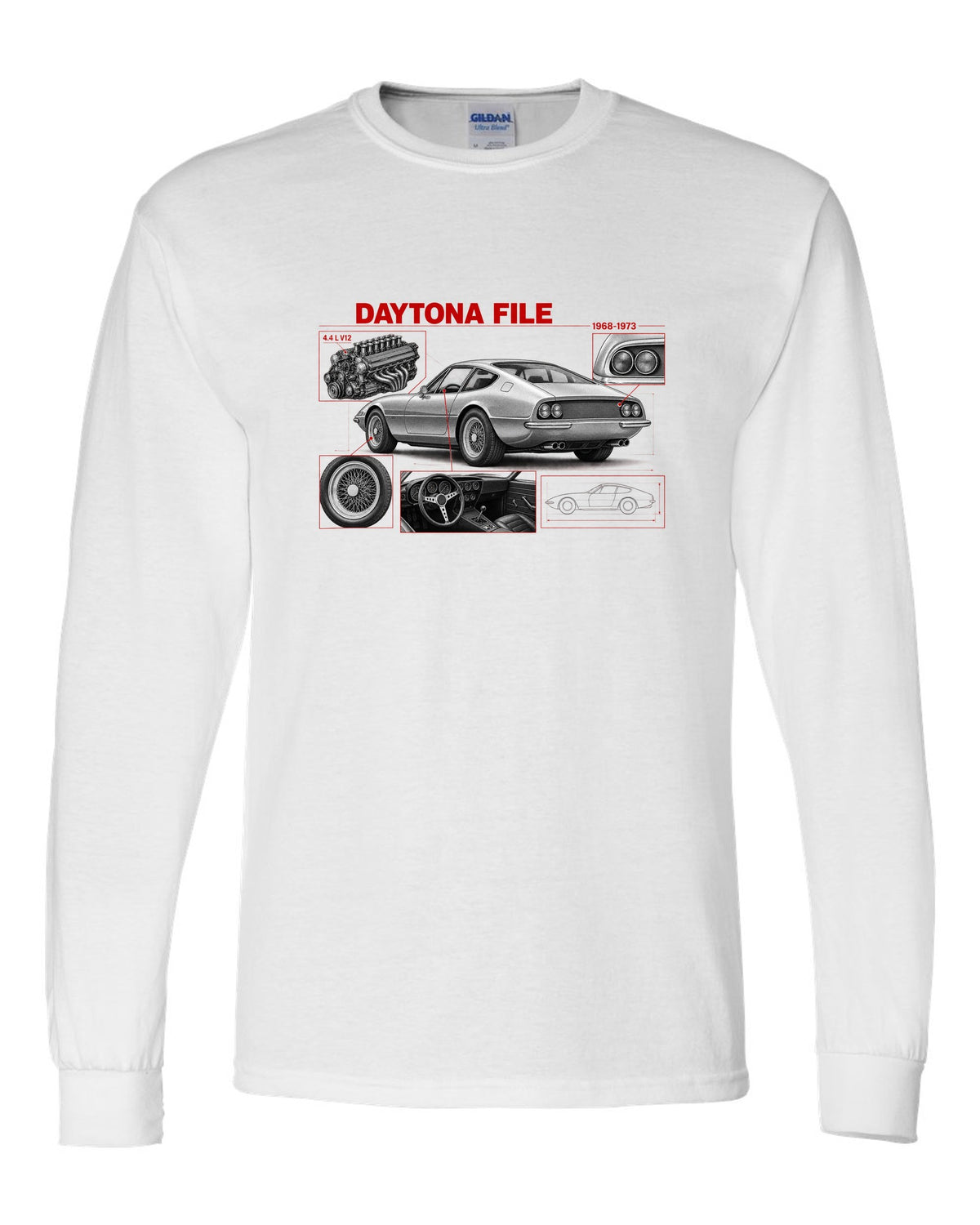 Engine hero print of a Ferrari 365 GTB/4 Daytona V12 with six twin-choke Weber carburettors white long sleeve front view with the design