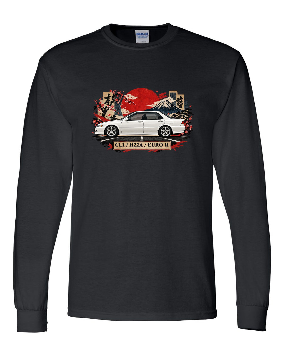 Japanese kanji plate collage print for the Honda Accord Euro R CL1 with H22A text black long sleeve front view with the design