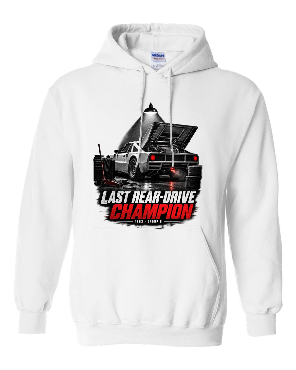 Garage night print of a Lancia Rally 037 with Last Rear-Drive Champion text white pull over hoodie front view with the design