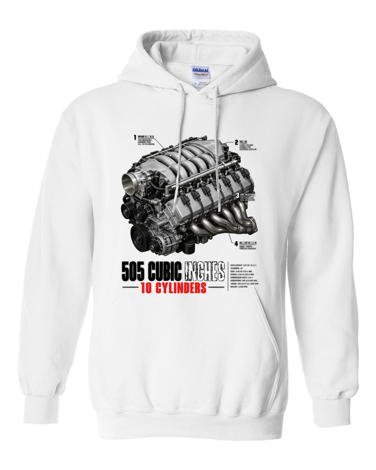 Dodge Viper SRT-10 ZB I 8.3L V10 engine hero print with 505 cubic inches lettering white pull over hoodie front view with the design