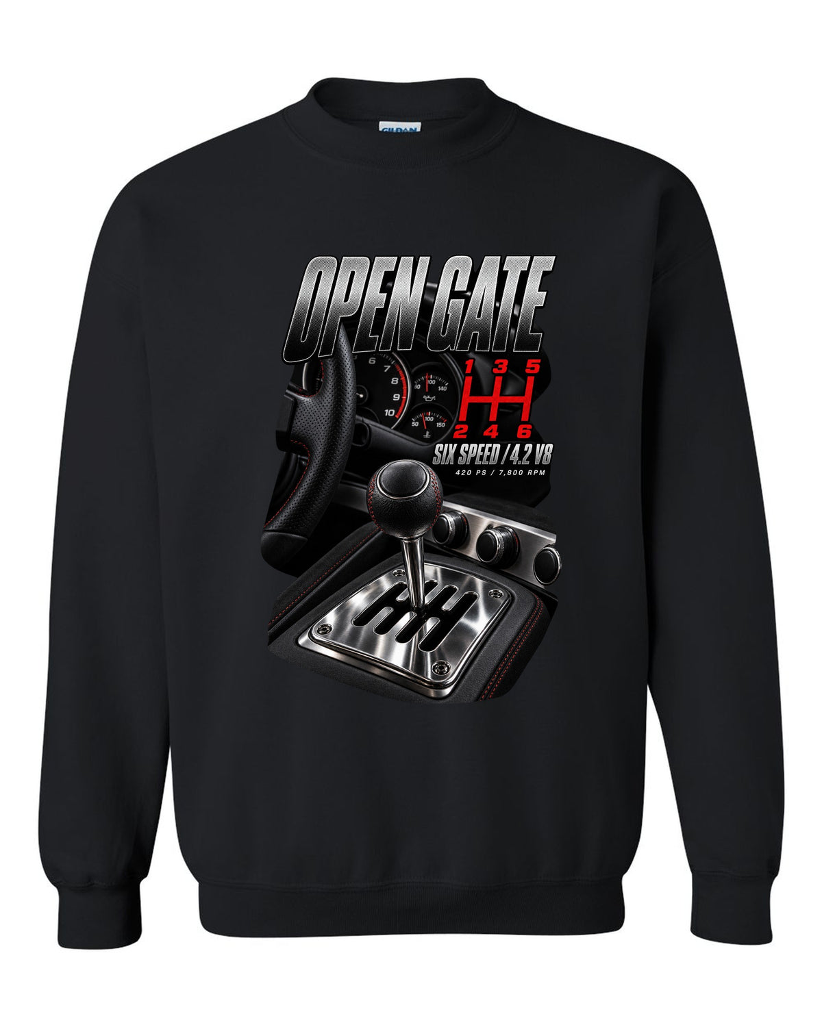 Audi R8 Type 42 V8 open gate six-speed shifter macro design black crewneck front view with the design