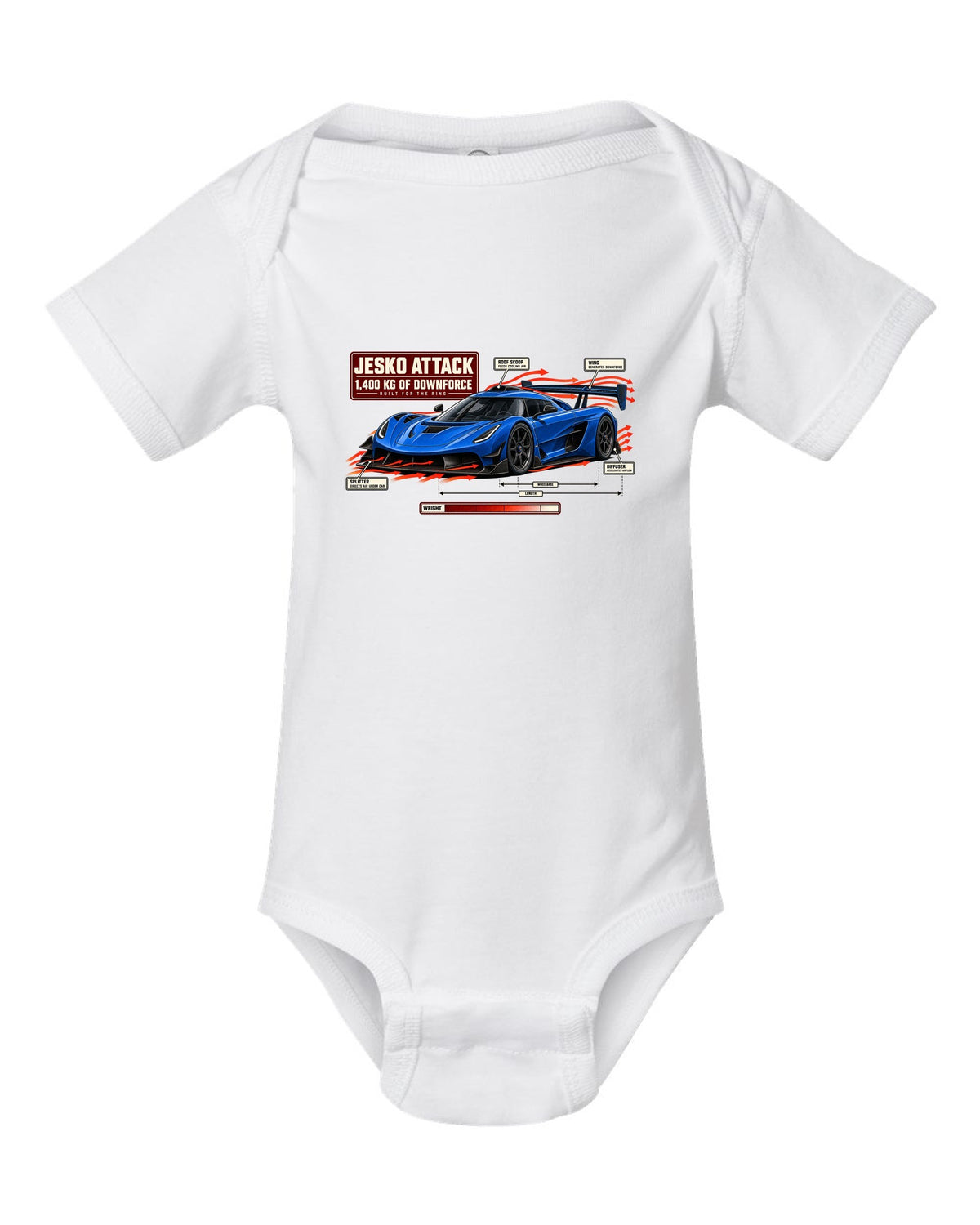 Aero callout diagram of the Koenigsegg Jesko Attack with rear wing and splitter, print white baby onesie front view with the design