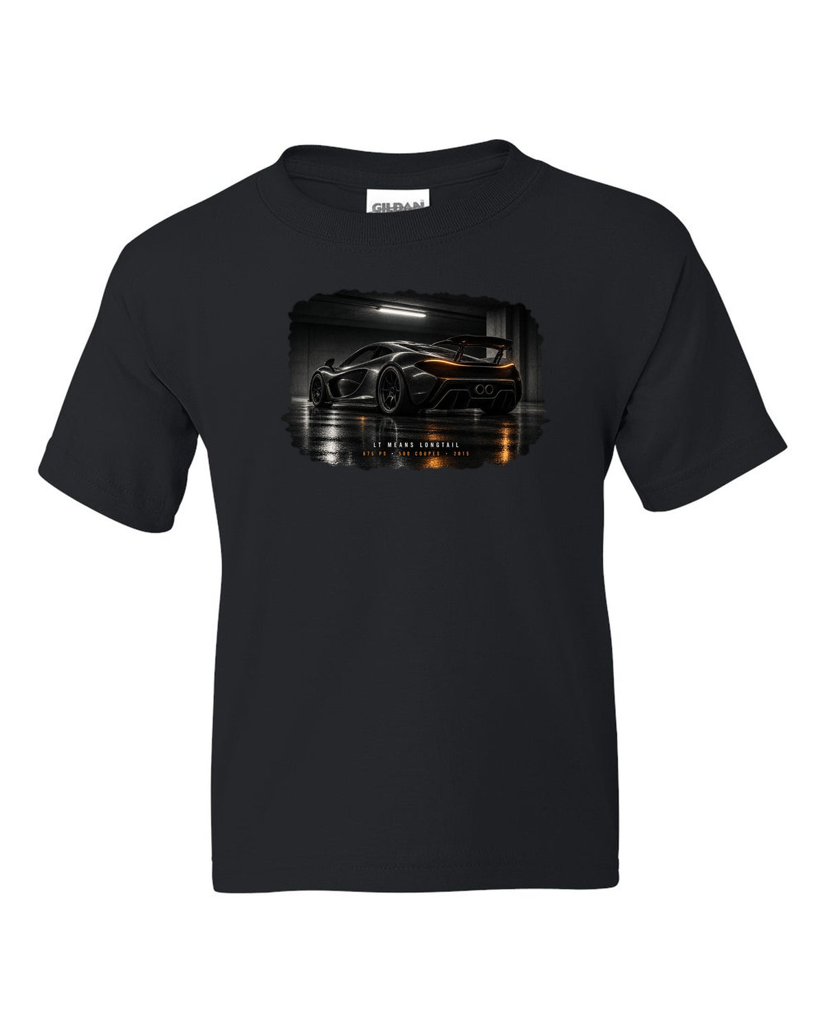 Garage night print of a 2015 McLaren 675LT with Longtail and 500 coupes text black kids tee front view with the design