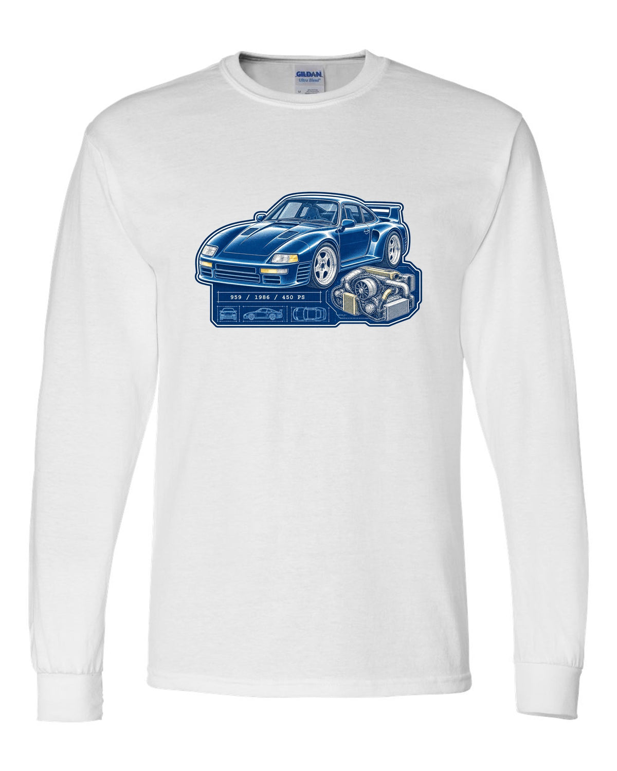 Porsche 959 cyanotype blueprint design with 1986 and 450 PS lettering white long sleeve front view with the design