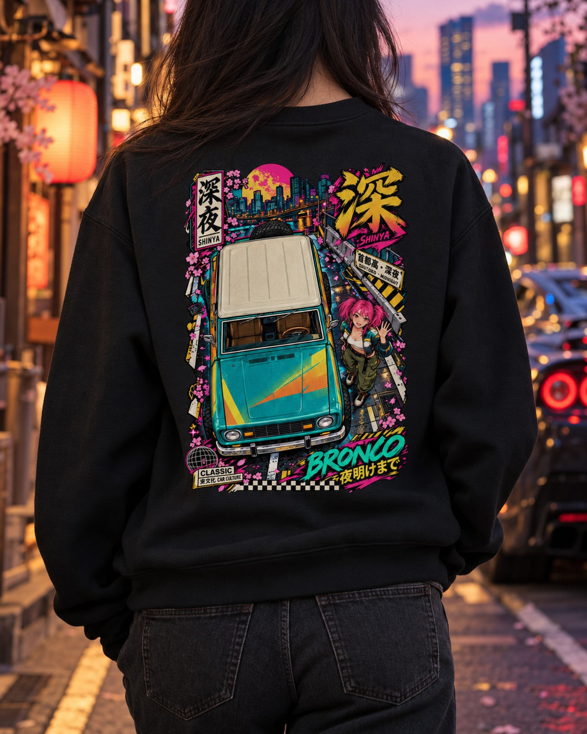 SHINYA BRONCO Anime Girl Full-Back Graphic Tee Crewneck Black worn hero