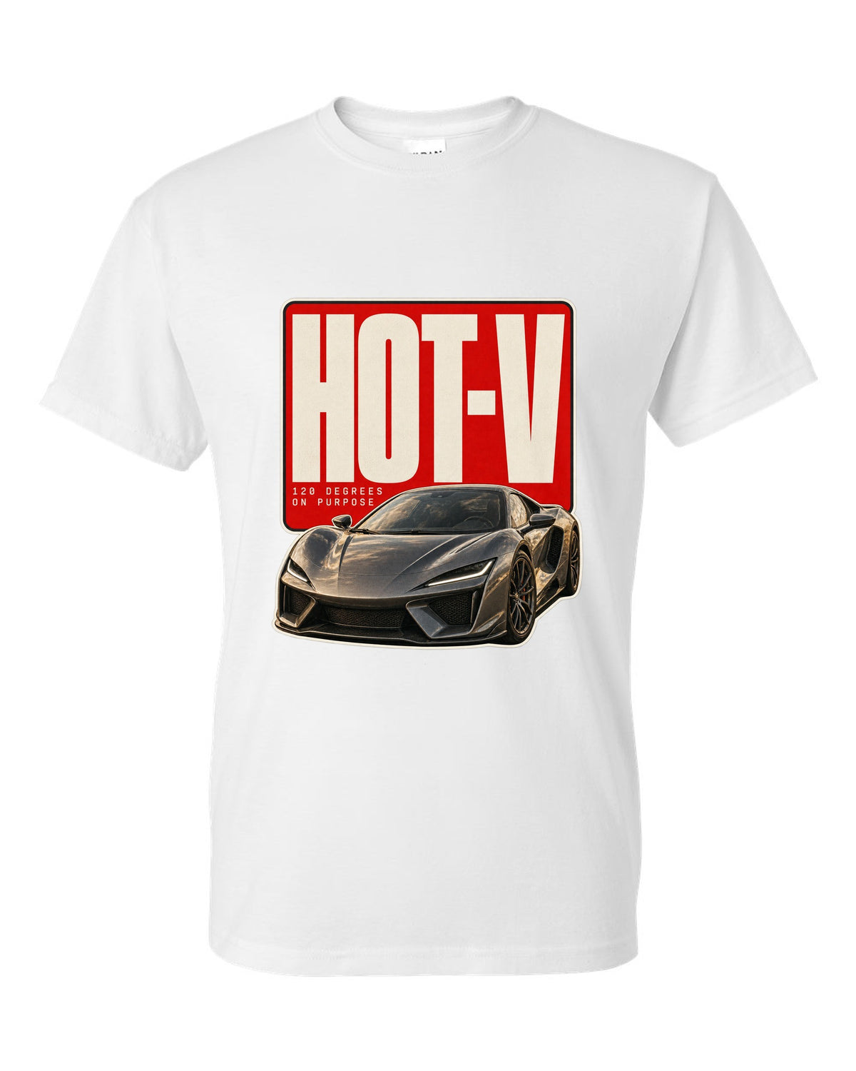 Editorial headline print of a McLaren Artura with hot-V 120 degree text white t-shirt front view with the design