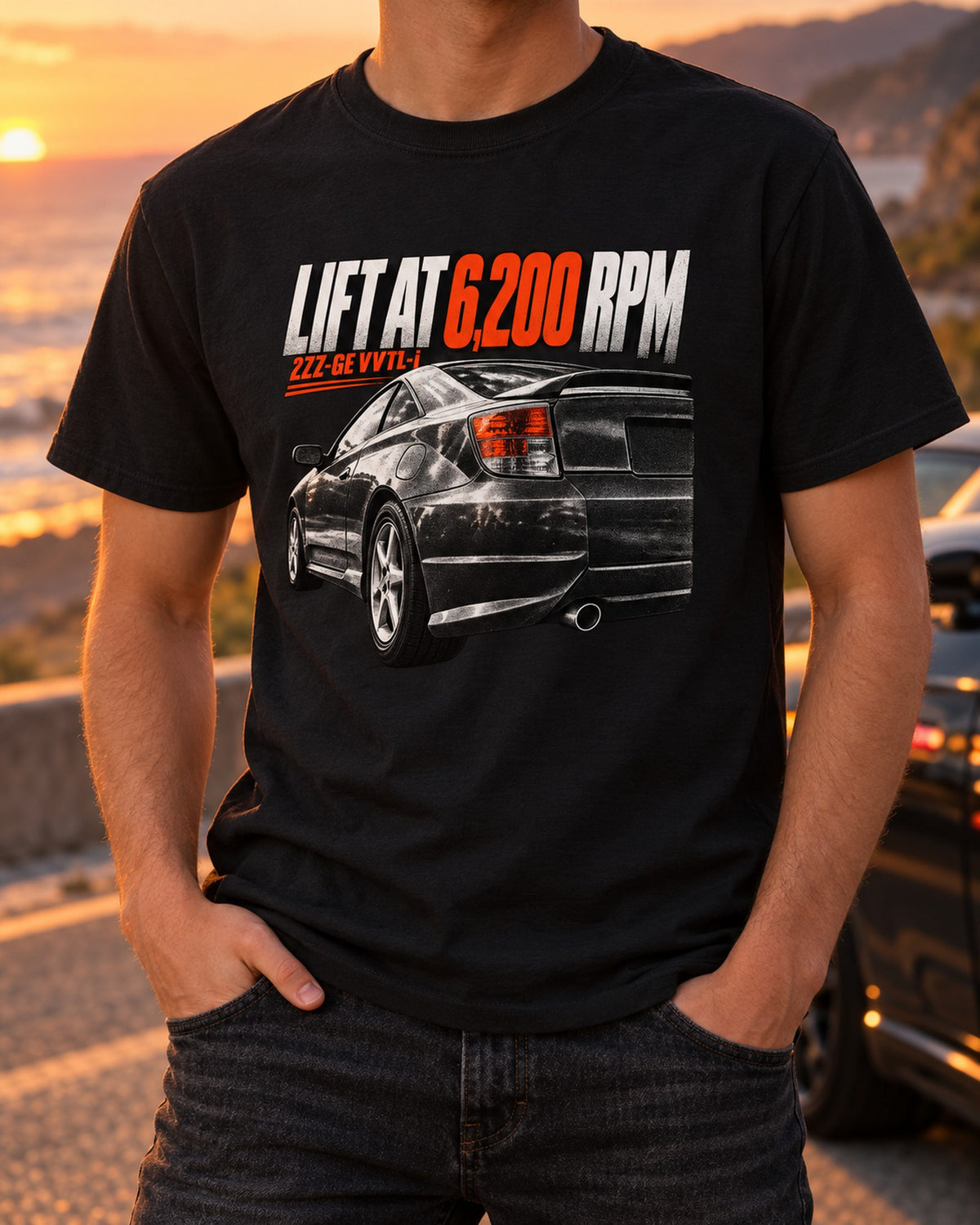 Lift at 6,200 RPM Tee for the Toyota Celica T230 2ZZ-GE T-Shirt Black worn hero