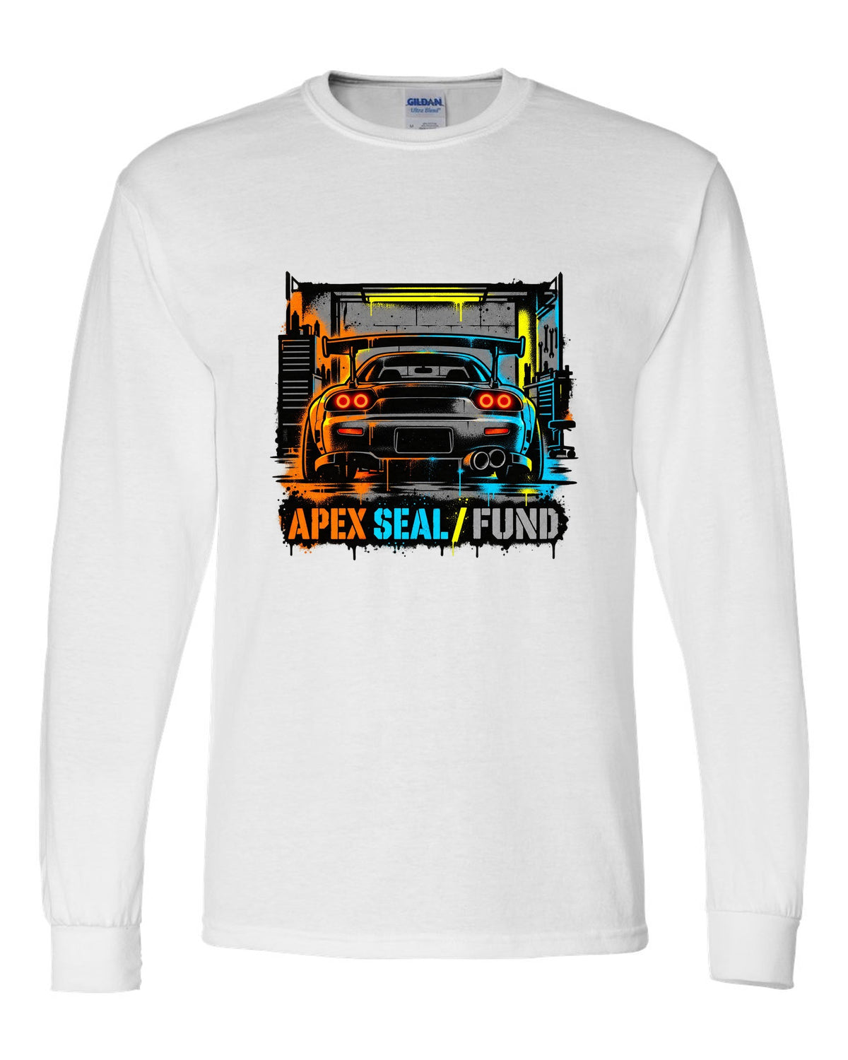 Stencil spray street art print of a Mazda RX-7 FD3S with the text Apex Seal Fund white long sleeve front view with the design