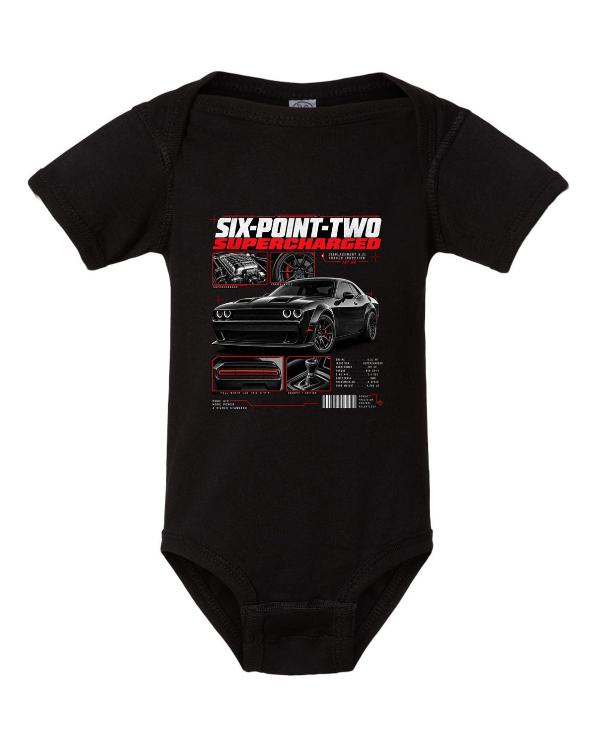 Dossier panel print of a 2018 Dodge Challenger LC/LA with 6.2 supercharged and 707 HP text black baby onesie front view with the design