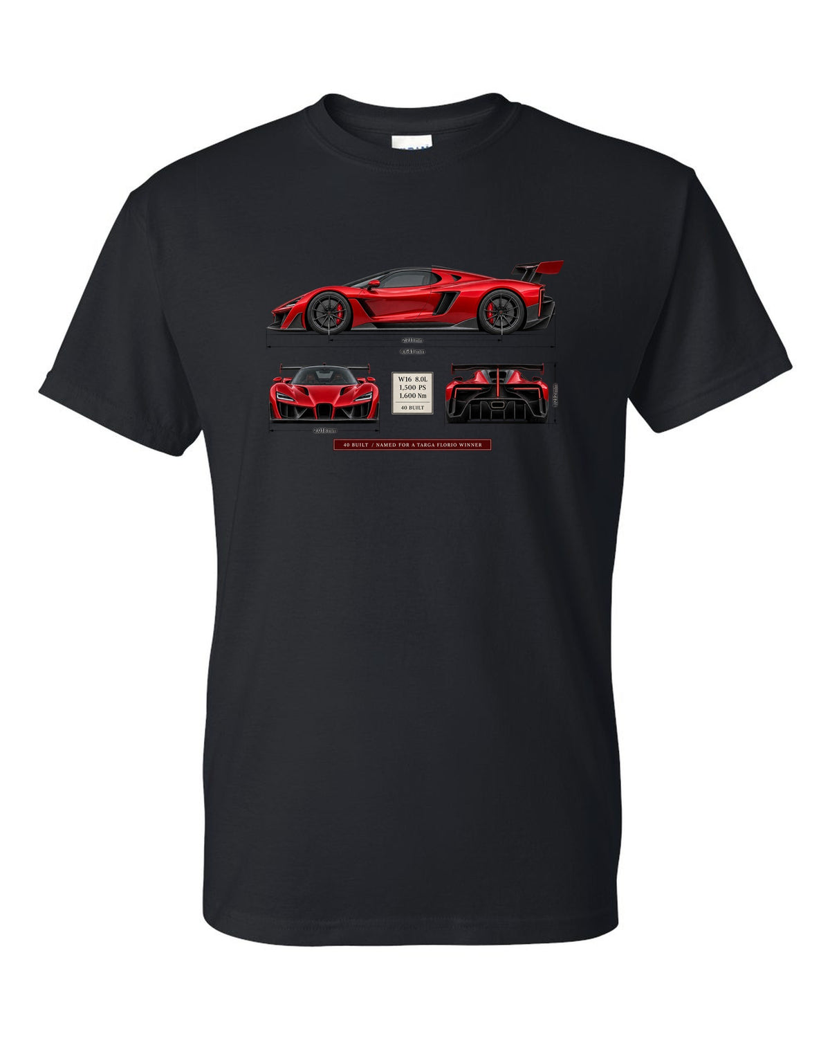 Bugatti Divo three-view print with spec table, 40 built black t-shirt front view with the design