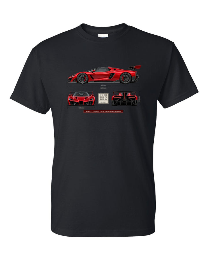 Bugatti Divo three-view print with spec table, 40 built black t-shirt front view with the design