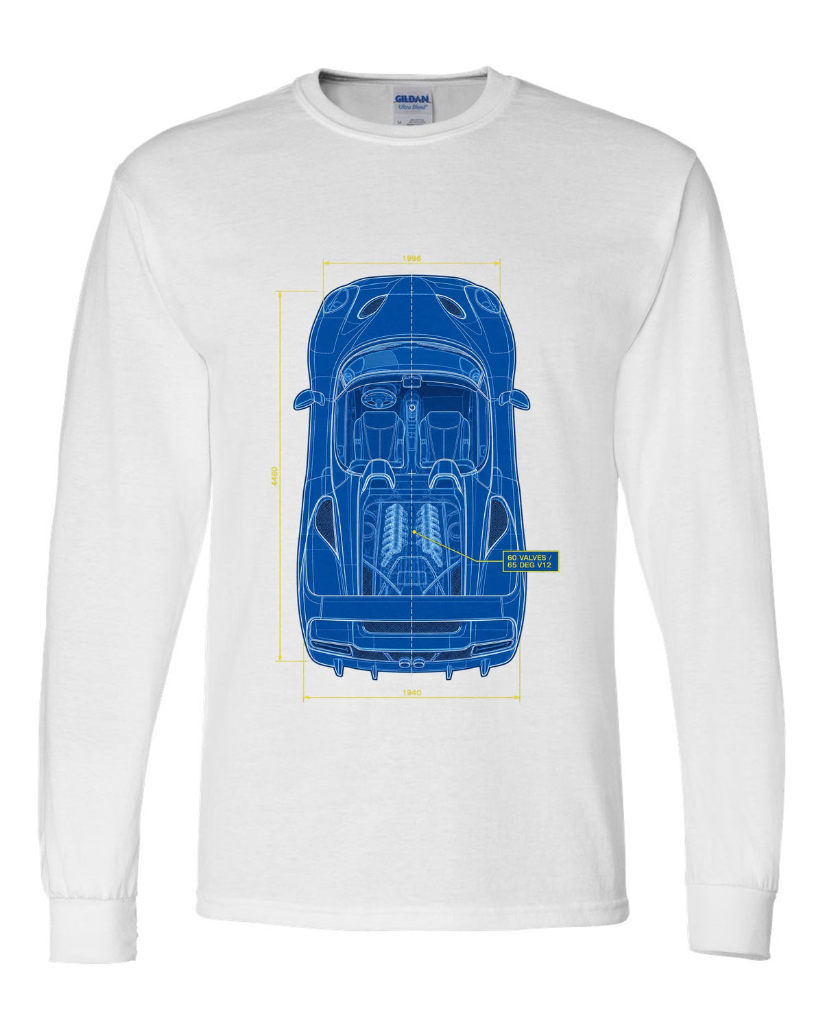 Top-down plan blueprint print of a 1995 Ferrari F50 F130 with 60 valves and 65 degree V12 text white long sleeve front view with the design