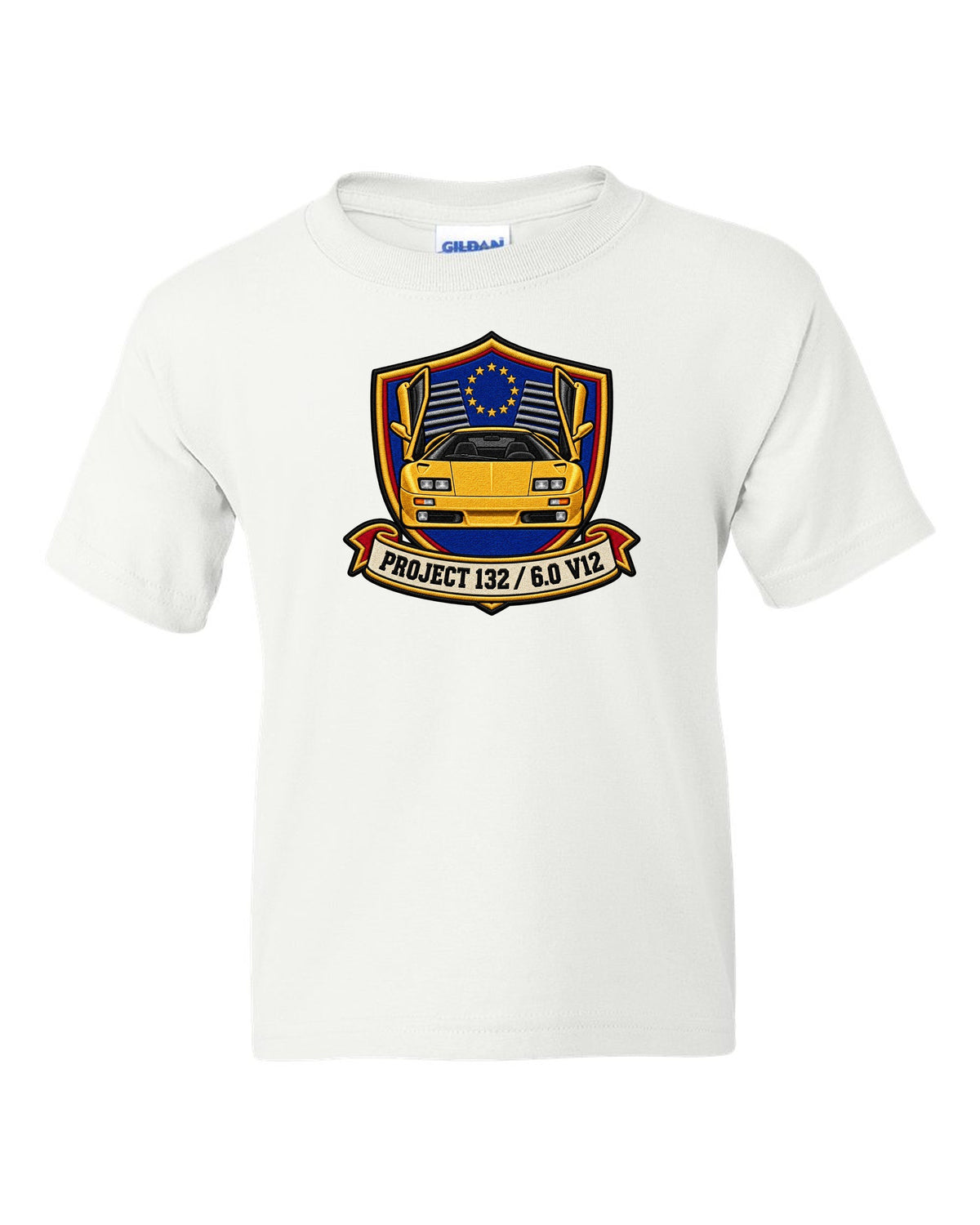 Varsity embroidery crest for a 2000 Lamborghini Diablo VT 6.0 reading Project 132 and 6.0 V12 white kids tee front view with the design
