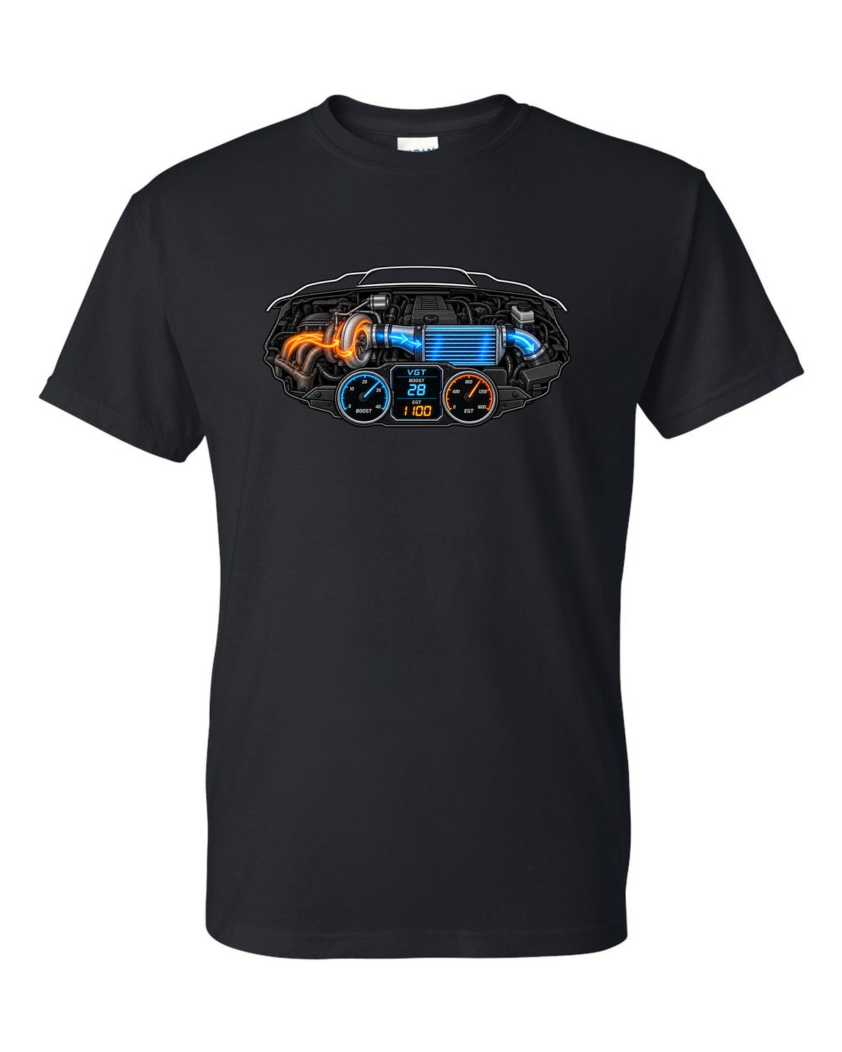 Gauge-cluster HUD print of a 2003-2009 Dodge Ram 3rd gen 5.9 compound turbo with VGT boost 28 EGT 1100 text black t-shirt front view with the design