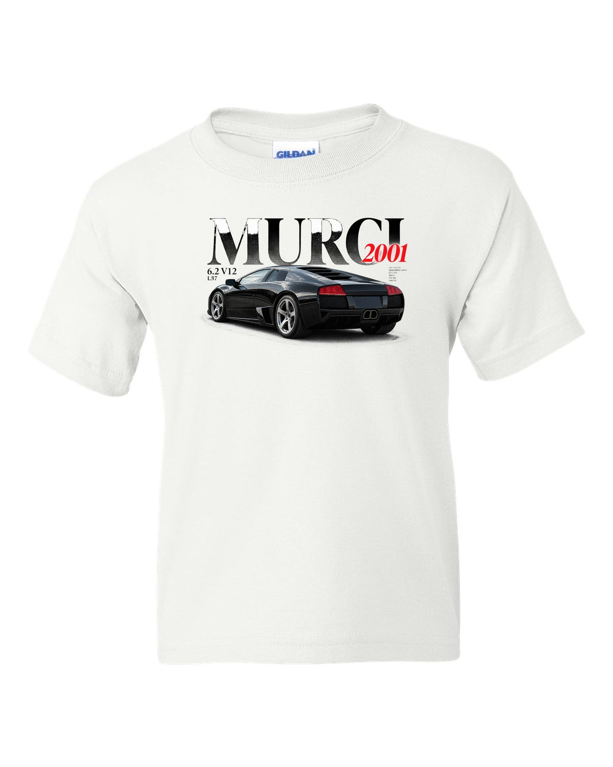 Editorial style print of a Lamborghini Murcielago L537 with 6.2 V12 and 2001 text white kids tee front view with the design