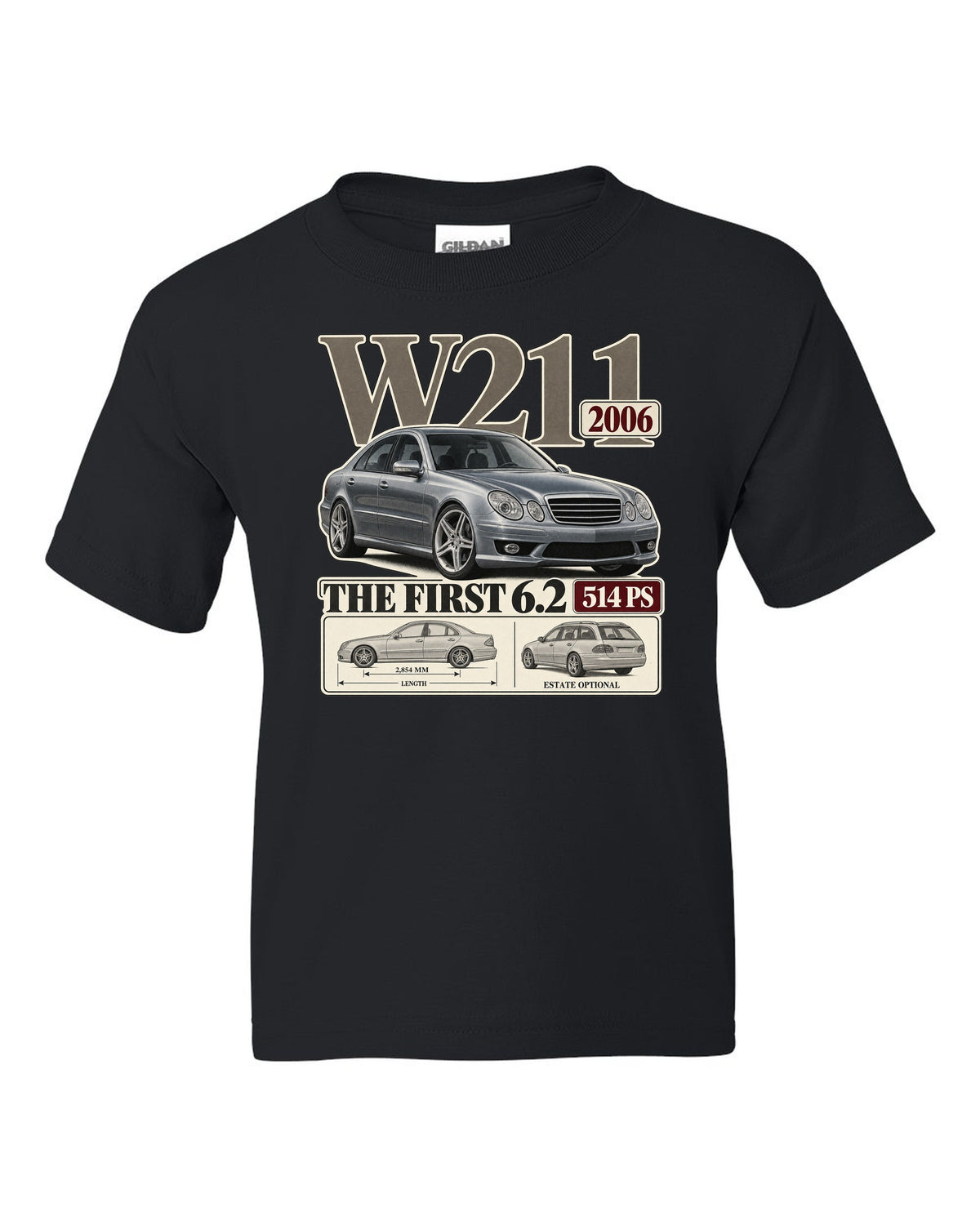 Archive panel print of a silver Mercedes-AMG E63 W211 sedan black kids tee front view with the design