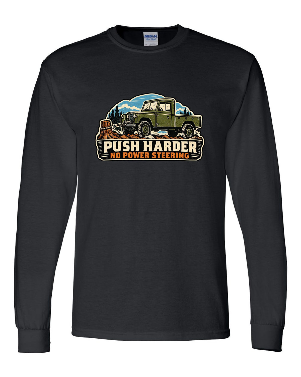 Linocut print of a Dodge Power Wagon WM300 flat fender winching with no power steering text black long sleeve front view with the design