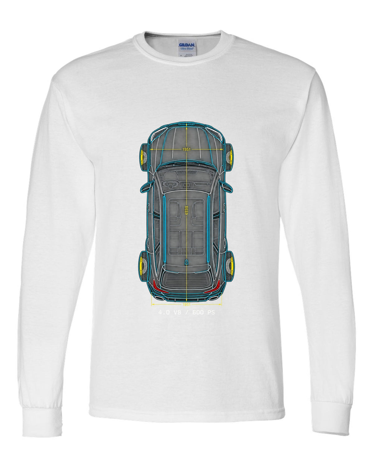 Top-down technical blueprint design of the Audi RS6 Avant C8 with 4.0 V8 and 600 PS lettering white long sleeve front view with the design