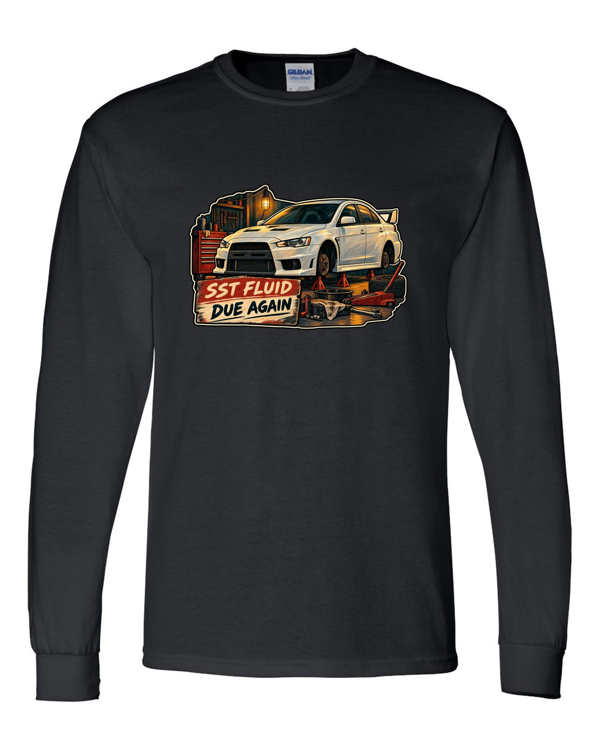 Gouache garage illustration print of the Mitsubishi Evo X CZ4A with SST fluid due again text black long sleeve front view with the design