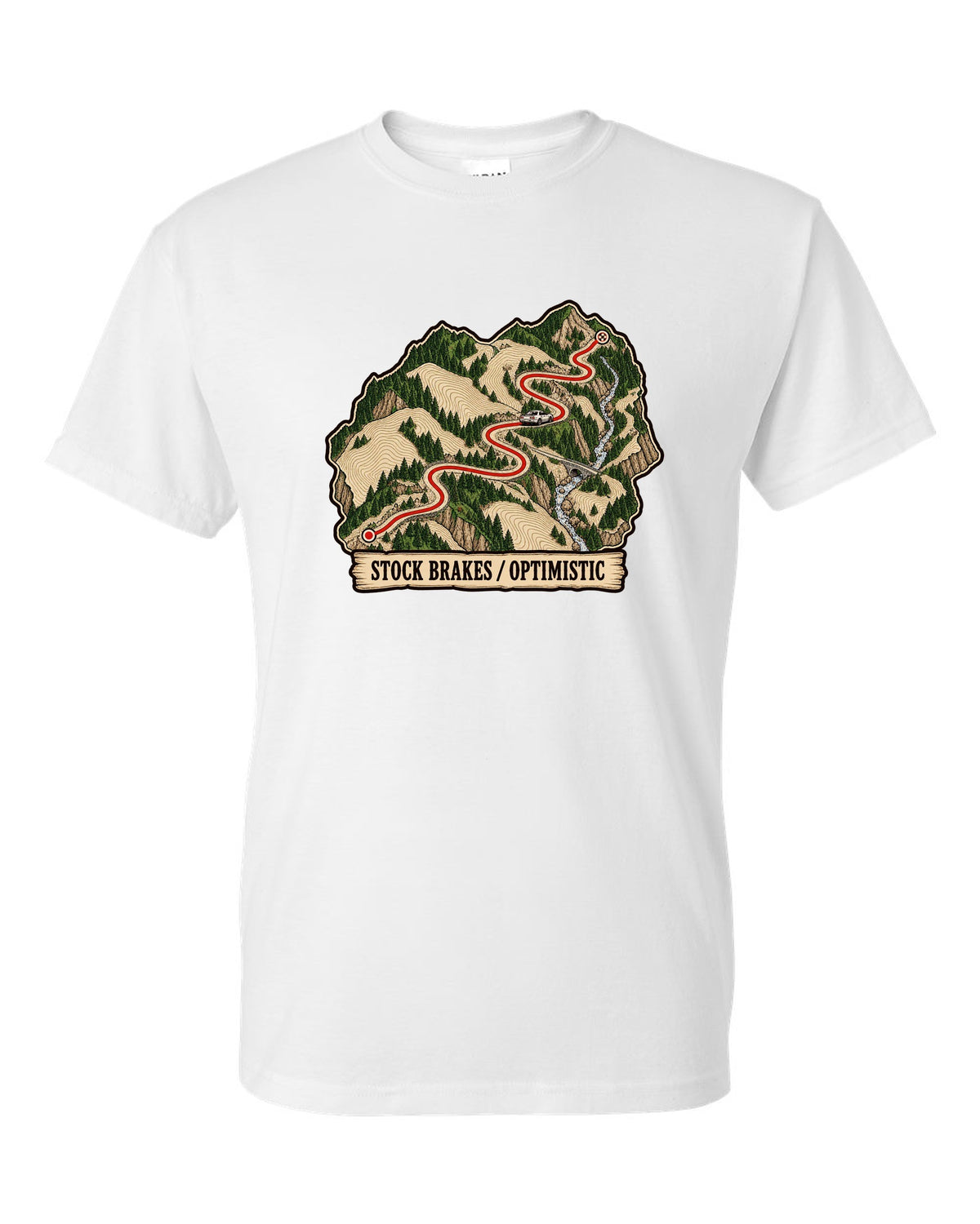 Topographic route map print of a mountain pass for the Nissan Skyline GT-R R32 BNR32 white t-shirt front view with the design
