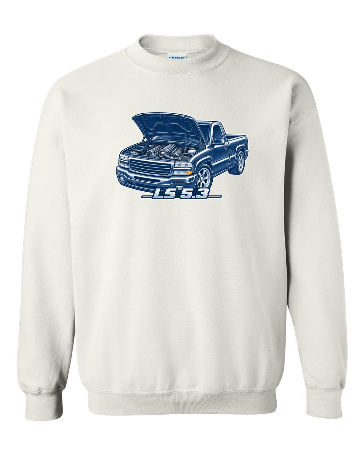 Cyanotype negative blueprint print of a 1999-2006 Chevrolet GMT800 NBS Silverado with LS 5.3 text white crewneck front view with the design