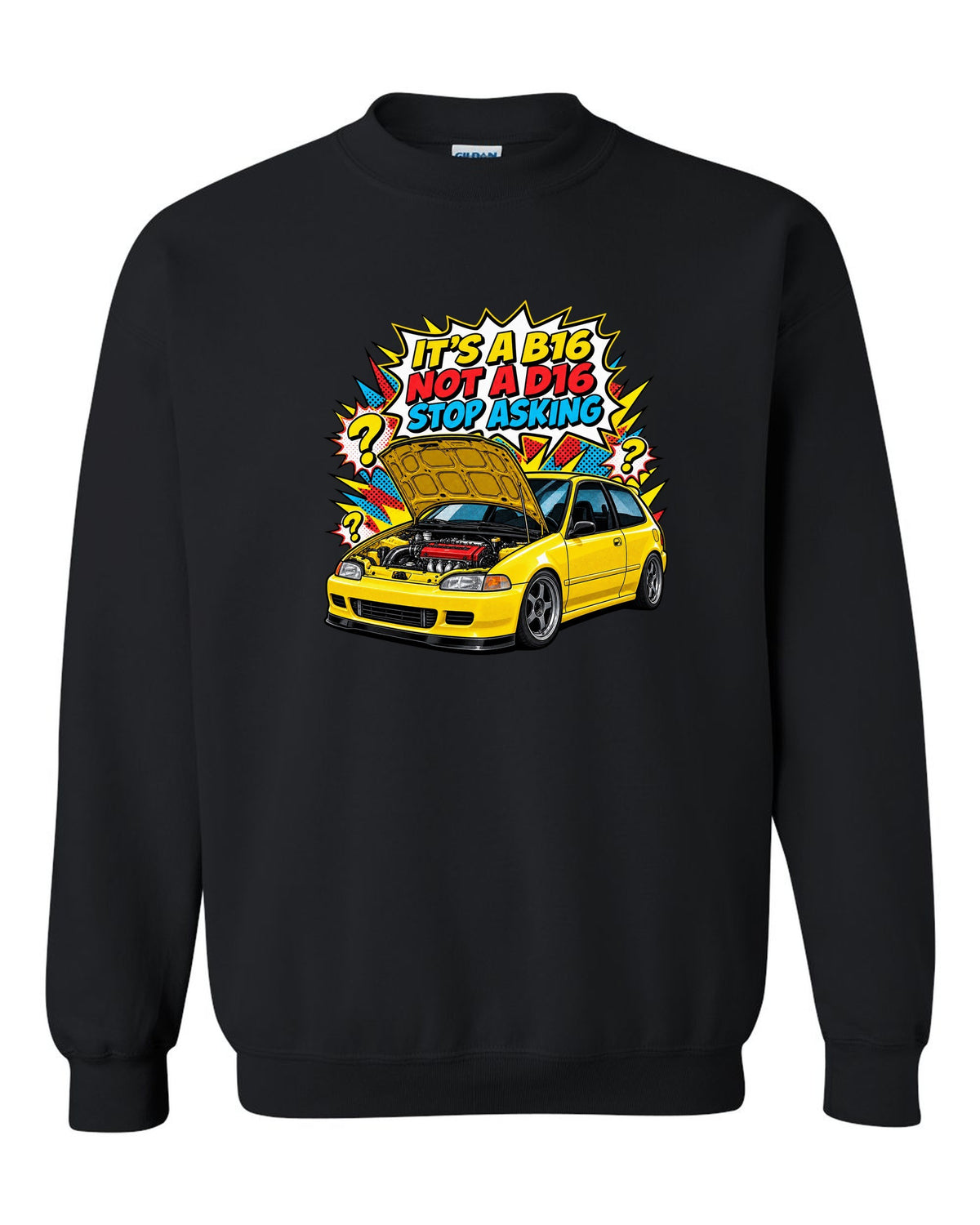Comic action burst print of a 1992 Honda Civic EG6 ch with it's a B16 not a D16 text black crewneck front view with the design