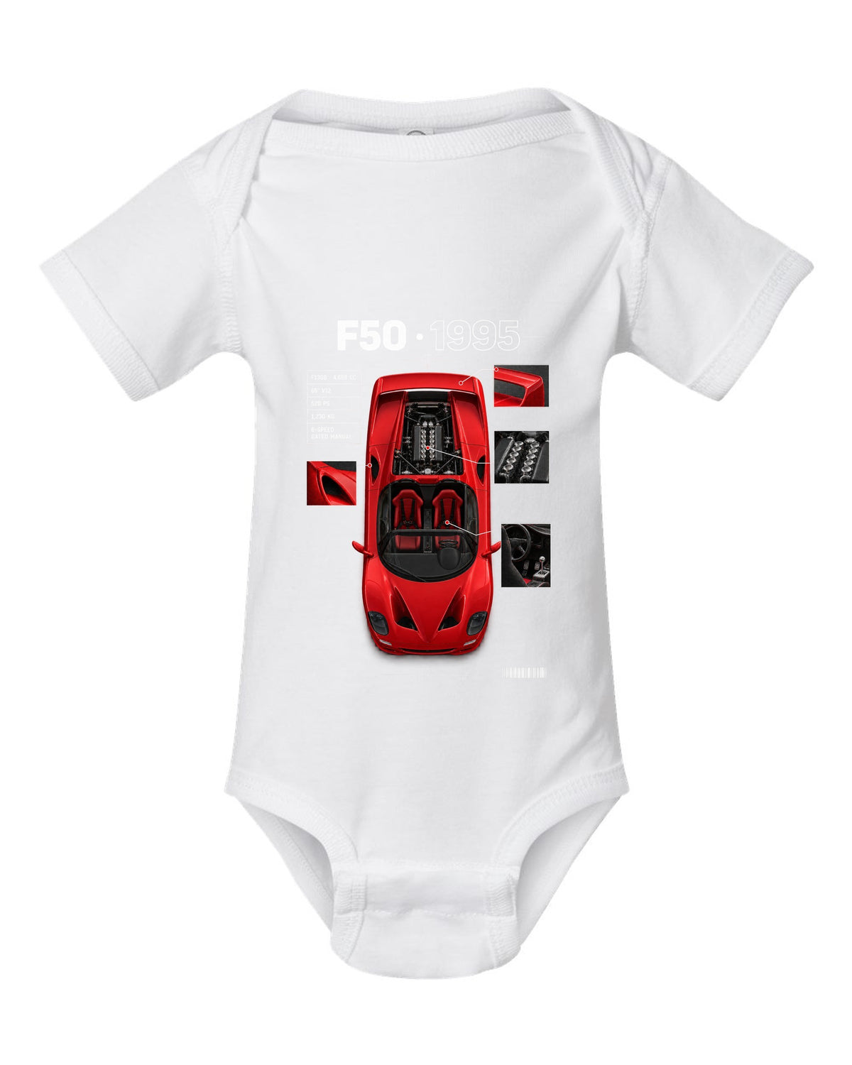 Ferrari F50 1995 top-down plan spec poster print, F130B 4,698 cc V12, 520 PS white baby onesie front view with the design