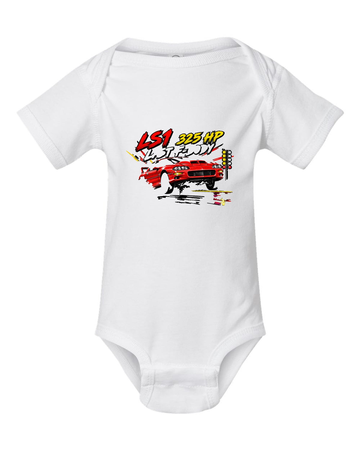 2002 Chevrolet Camaro SS LS1 retro manga halftone panel print white baby onesie front view with the design