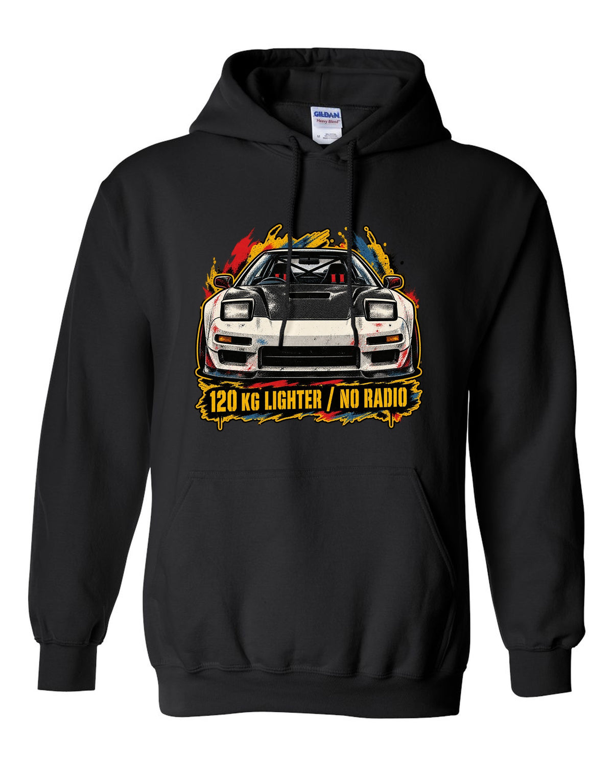 Grunge screen-print stencil print of a Honda NSX-R NA1 with 120 KG lighter no radio text black pull over hoodie front view with the design
