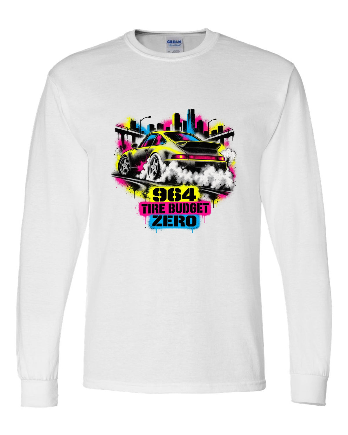 Street-art stencil print of a Porsche 911 Carrera 4 964 with the text 964, tire budget, zero white long sleeve front view with the design
