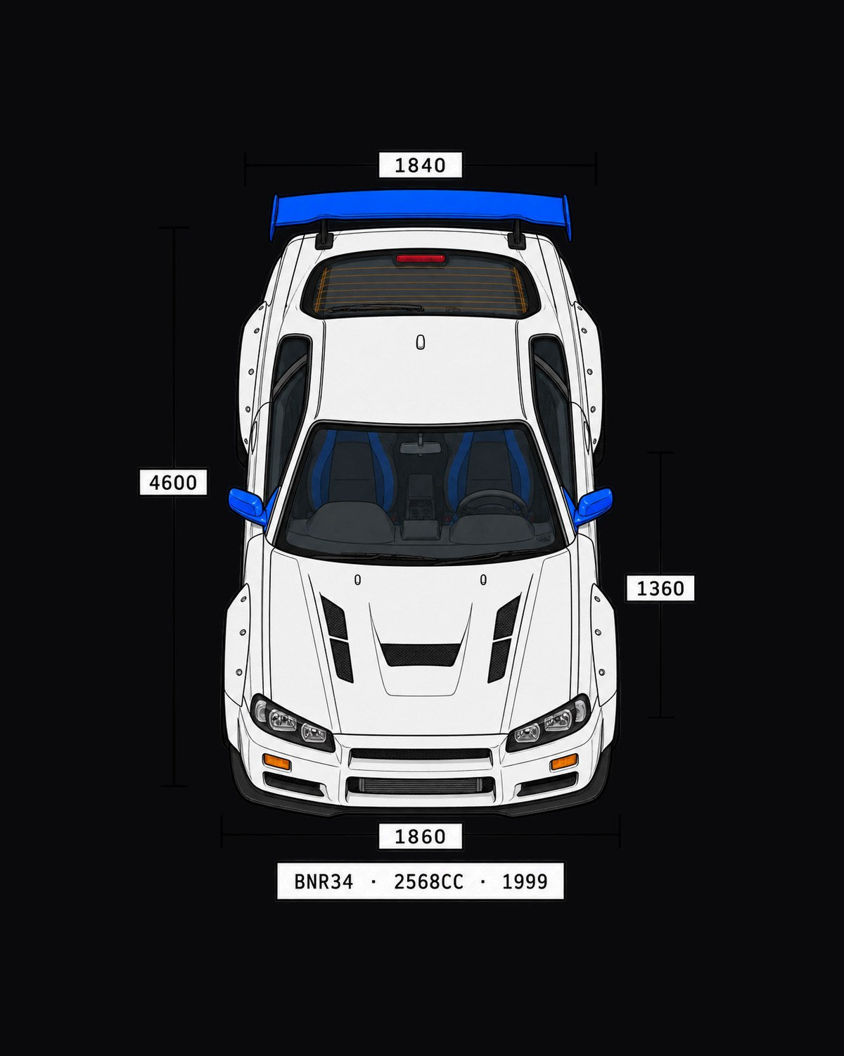 R34 GT-R BNR34 Spec Sheet Data Plate print Shirt design only