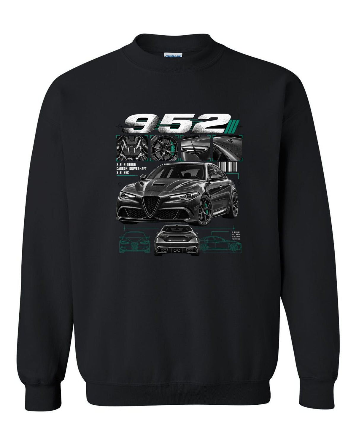Dossier panel print of an Alfa Romeo Giulia Quadrifoglio 952 with 2.9 biturbo and carbon driveshaft text black crewneck front view with the design