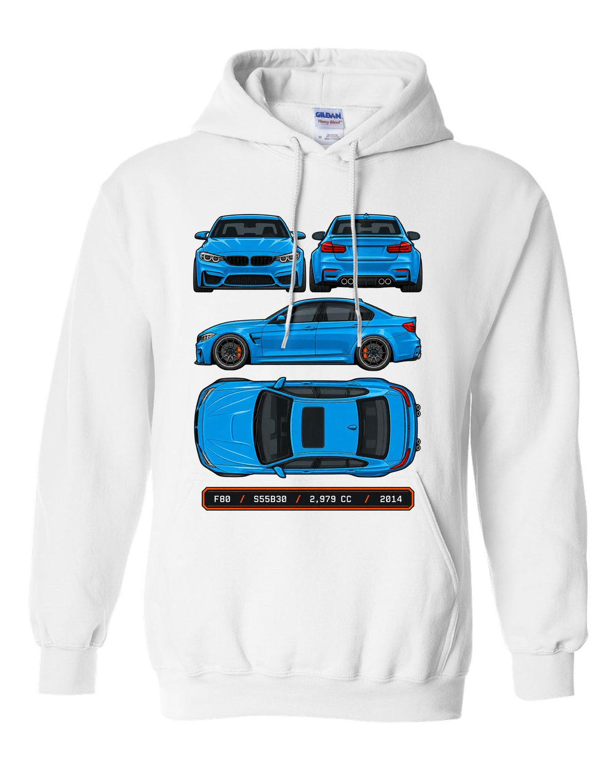 Spec plate style print of a BMW F80 M3 sedan with F80 S55B30 2,979 cc 2014 text white pull over hoodie front view with the design