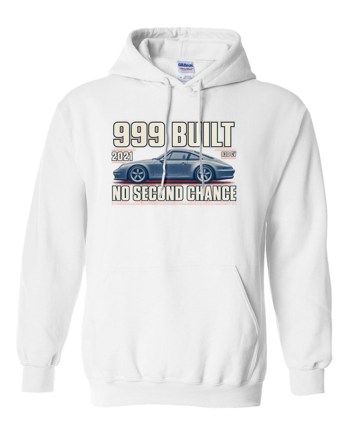 Ferrari 812 Competizione halftone print with 999 built, 2021 text white pull over hoodie front view with the design