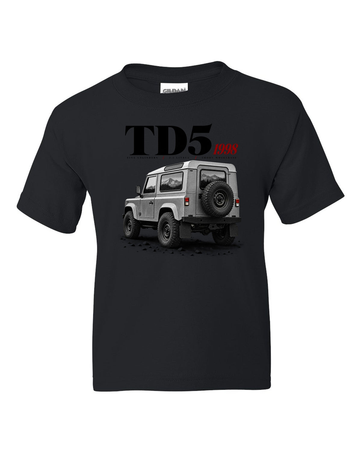 Land Rover Defender 90 editorial headline print about the 1998 Td5 engine black kids tee front view with the design