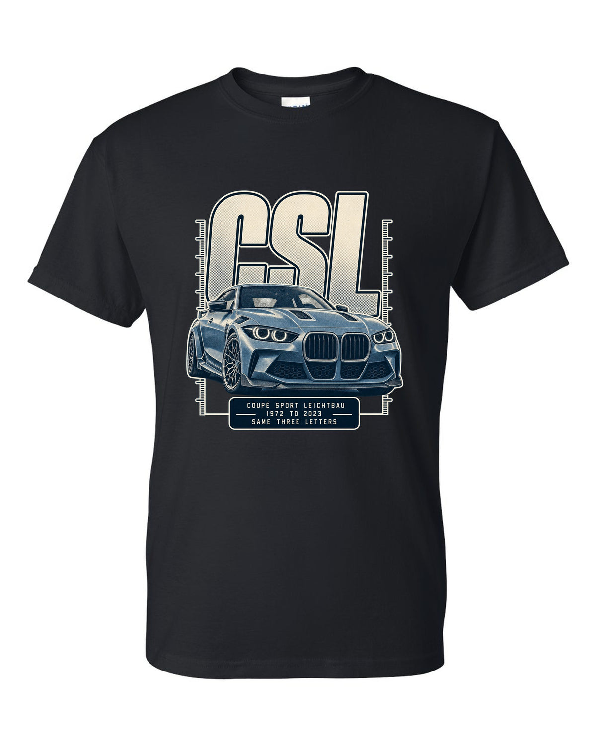 BMW CSL halftone lettering print, 1972 to 2023 black t-shirt front view with the design