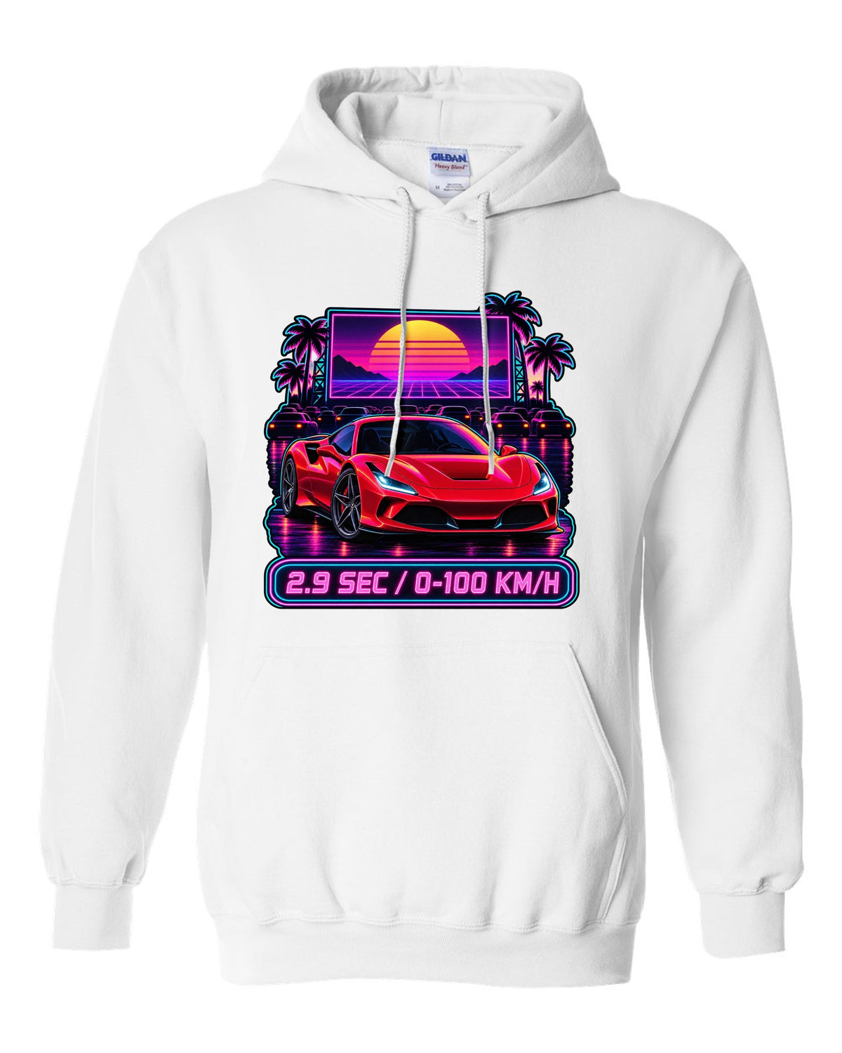 Synthwave outrun drive-in scene with Ferrari F8 Tributo and 2.9 sec text white pull over hoodie front view with the design