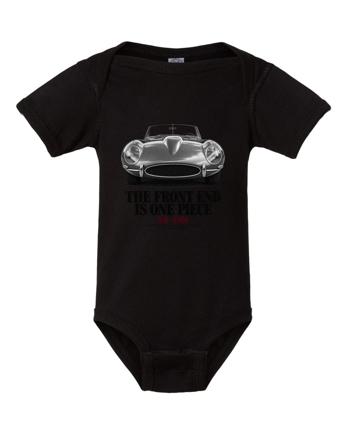 Jaguar E-Type Series 1 front end macro print black baby onesie front view with the design