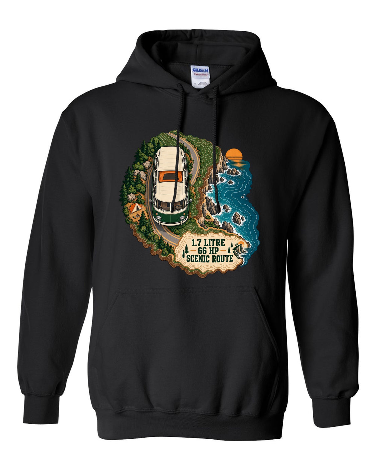Topographic route map print of a 1972 VW Bus T2 bay window with scenic route lettering black pull over hoodie front view with the design